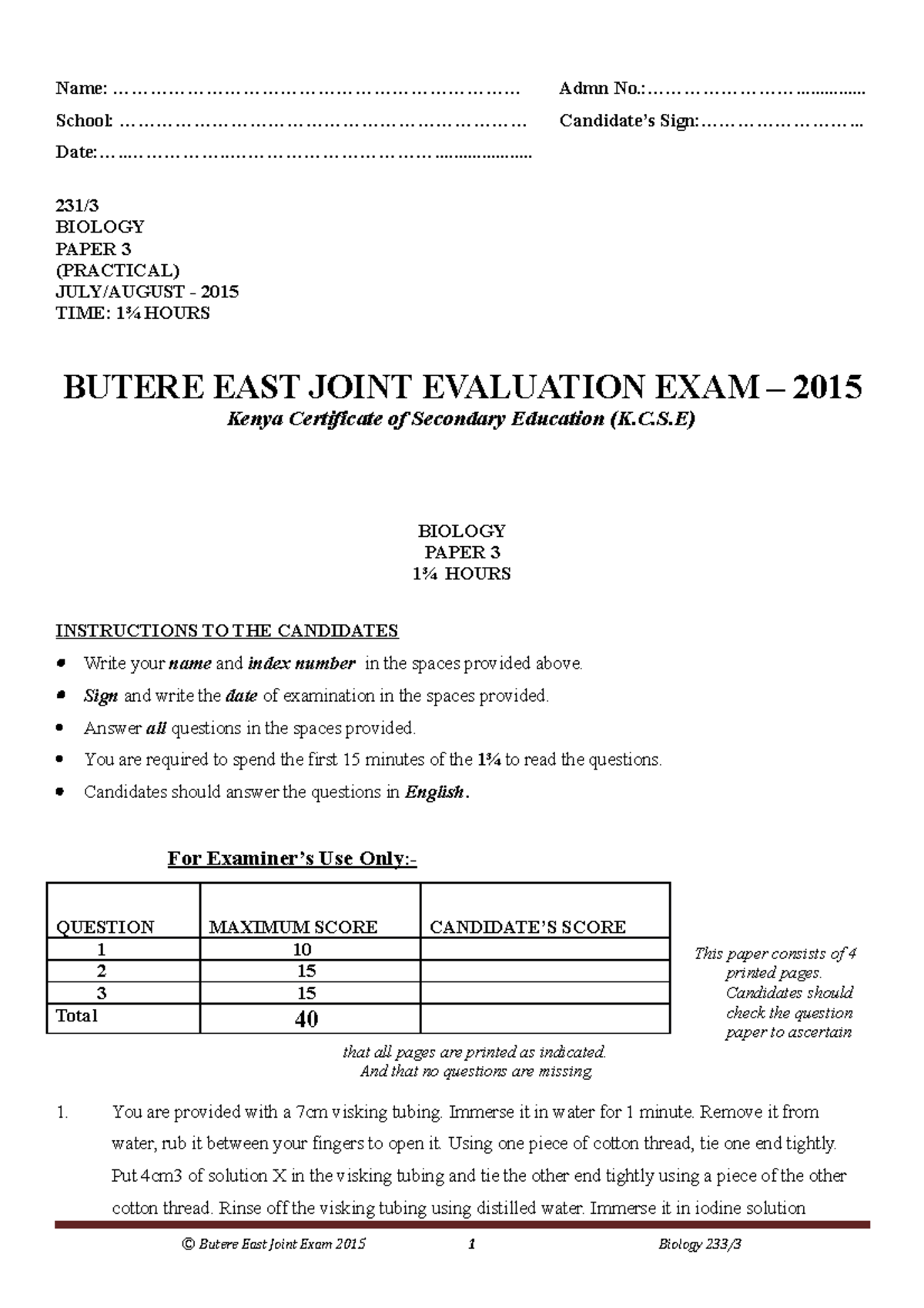 Biology Paper 3 - Name