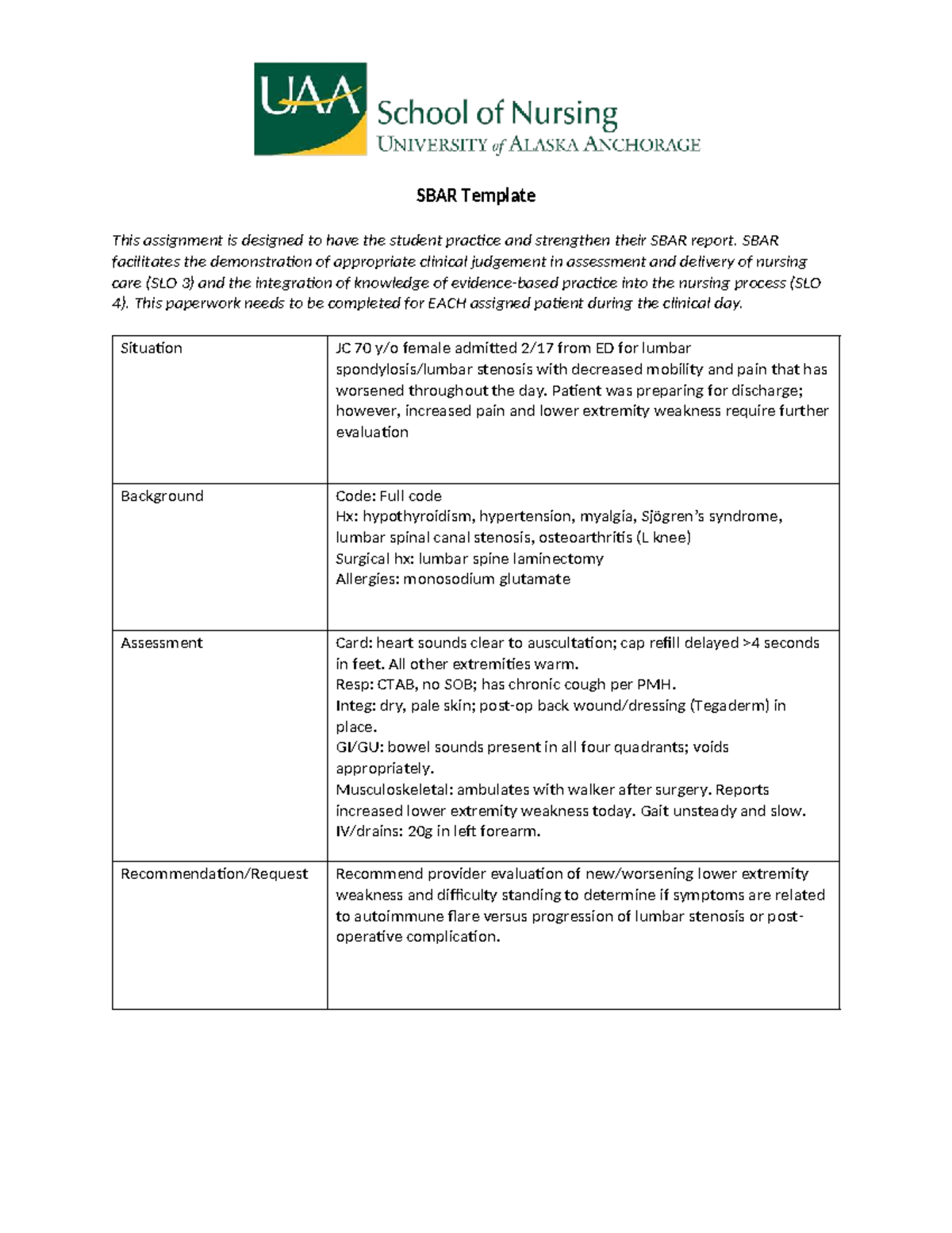SBAR Report for Clinical Practice: JC Patient Case Study - Studocu