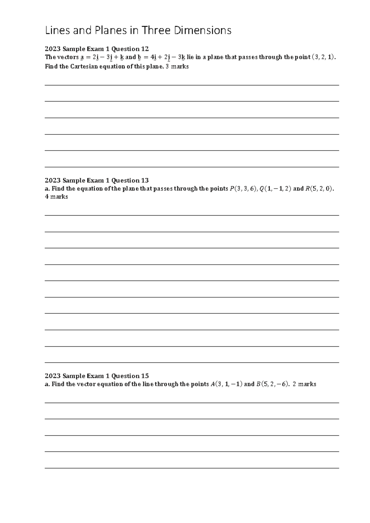 Lines and Planes in 3D: 2023 Sample Exam Questions - Studocu