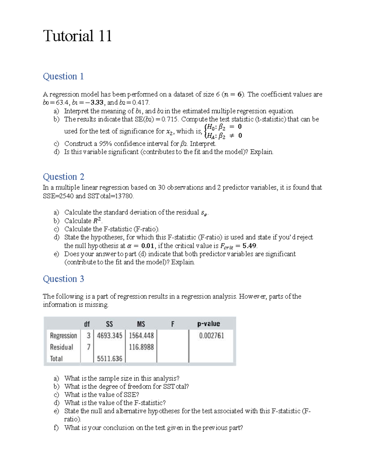 Tutorial 11 Regression Analysis Questions and Interpretations - Studocu