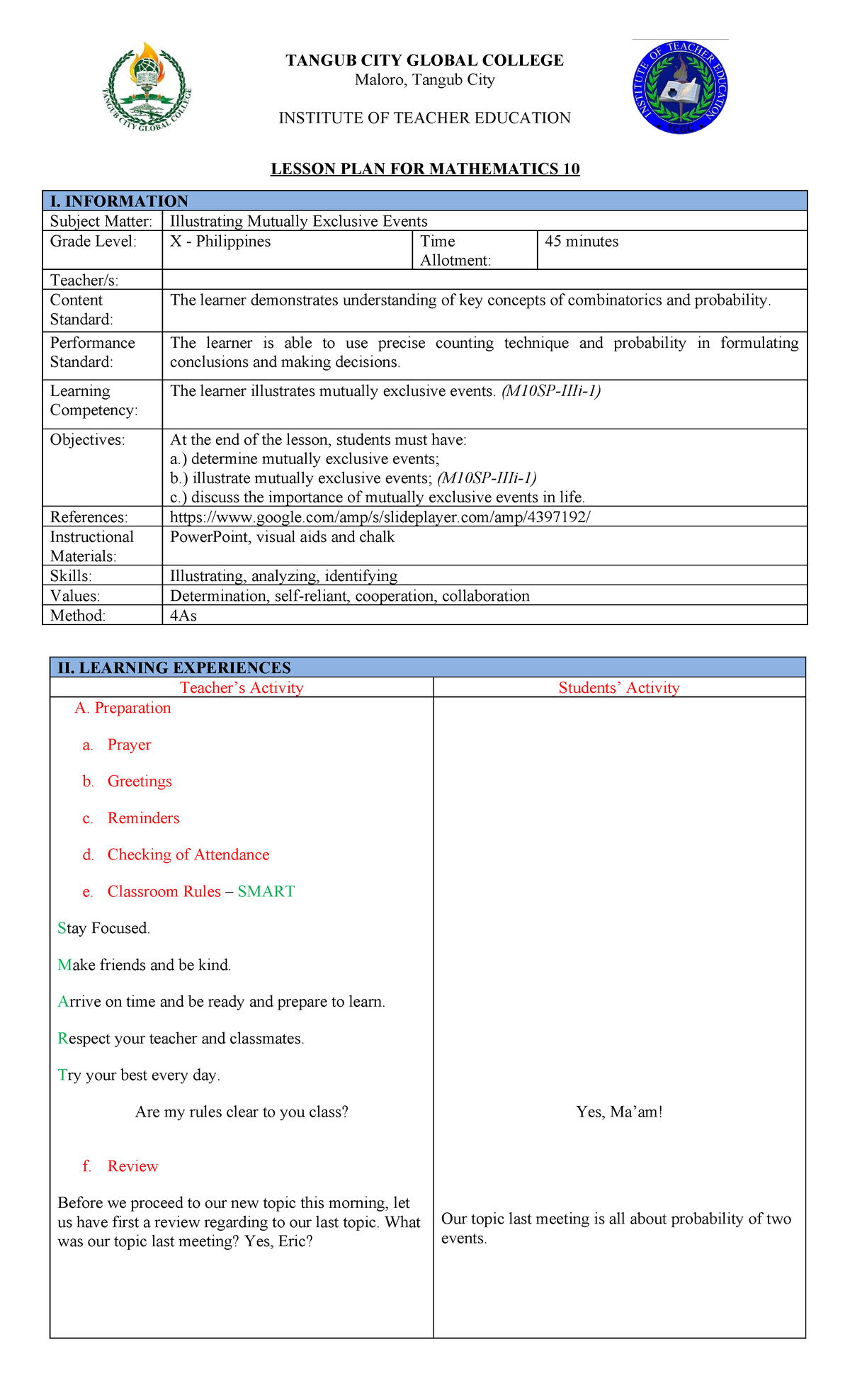 Mathematics 10 Lesson Plan: Illustrating Mutually Exclusive Events ...