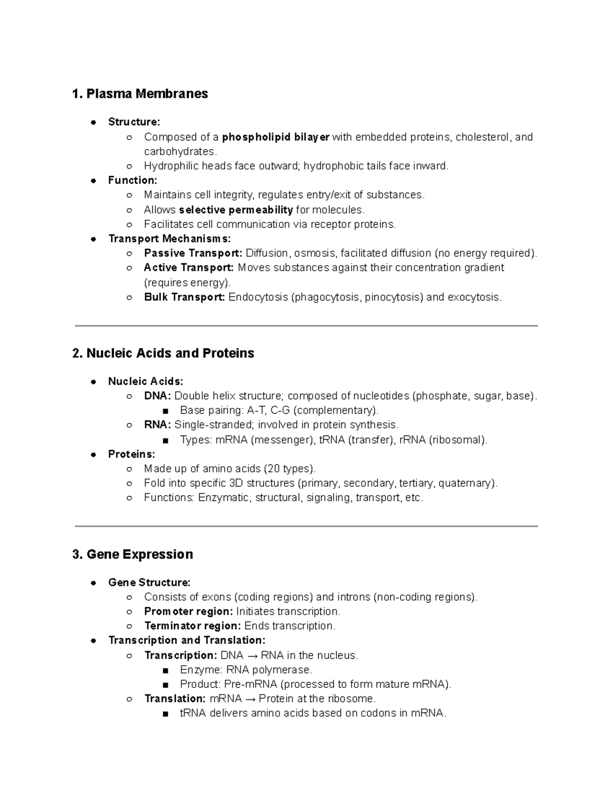 Bio unit 3 studuco notes - 1. Plasma Membranes Structure: Composed of a ...