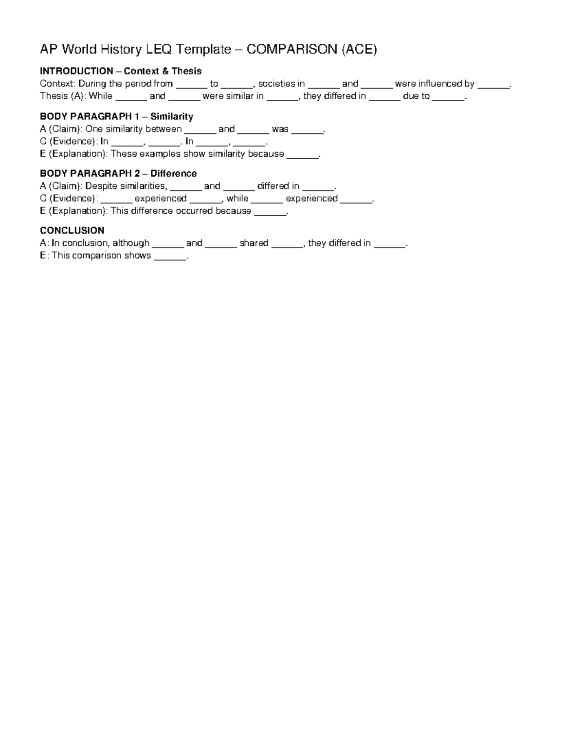 AP World History LEQ ACE Templates for Comparison & Causation - Studocu