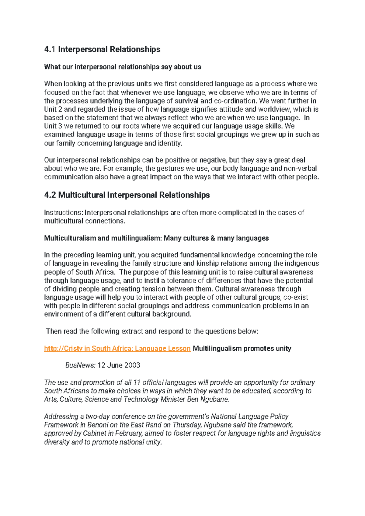 UNIT 4 - UNIT 4 - 4 Interpersonal Relationships What our interpersonal ...