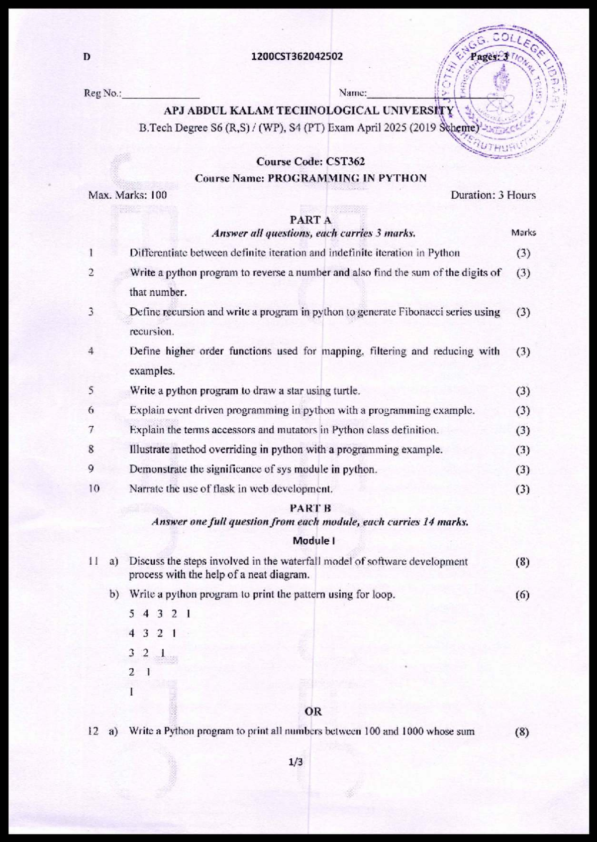 CST362 Programming in Python - B.Tech S6 Exam April 2025 - Studocu