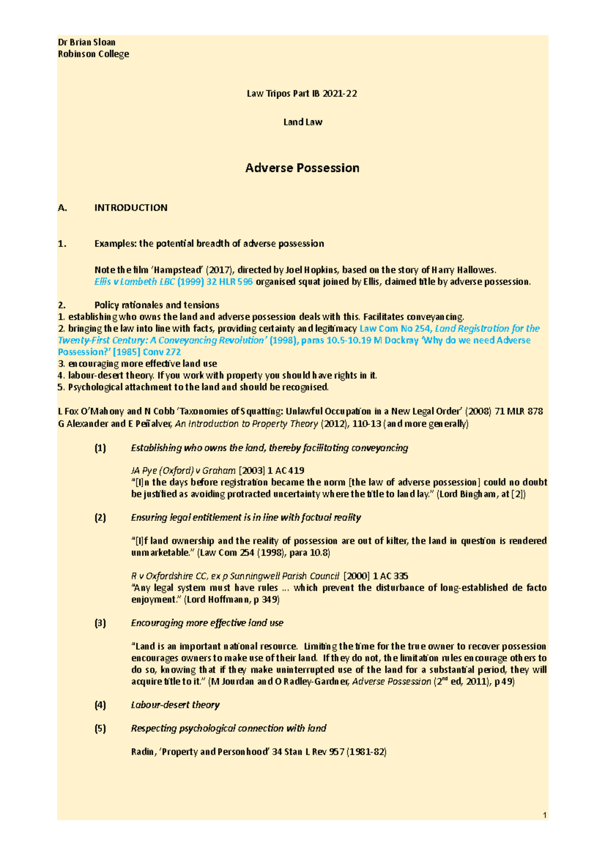 LLL2 Final Exam Notes on Adverse Possession in Land Law - Studocu