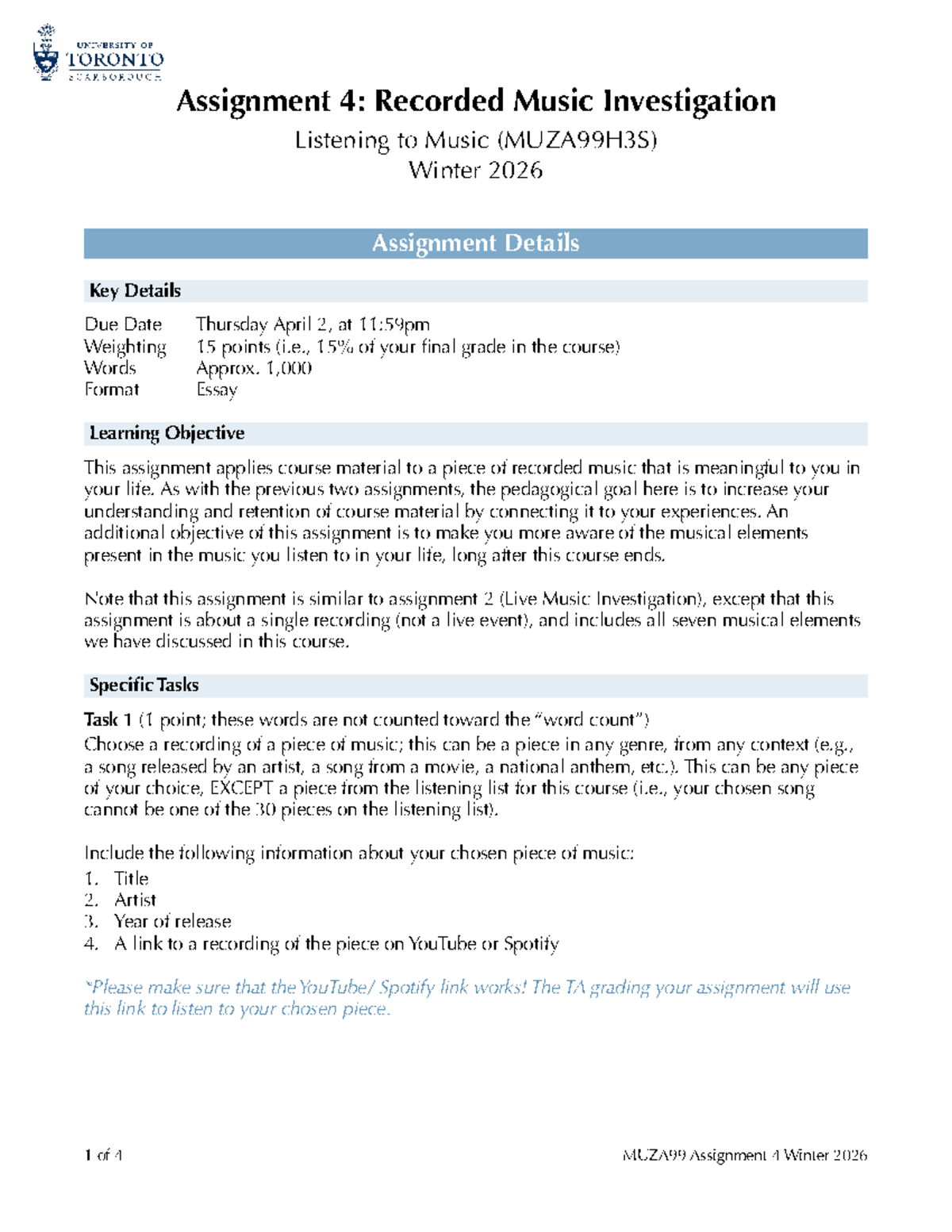 MUZA99H3S Assignment 4: Recorded Music Investigation Guide Winter 2026 ...