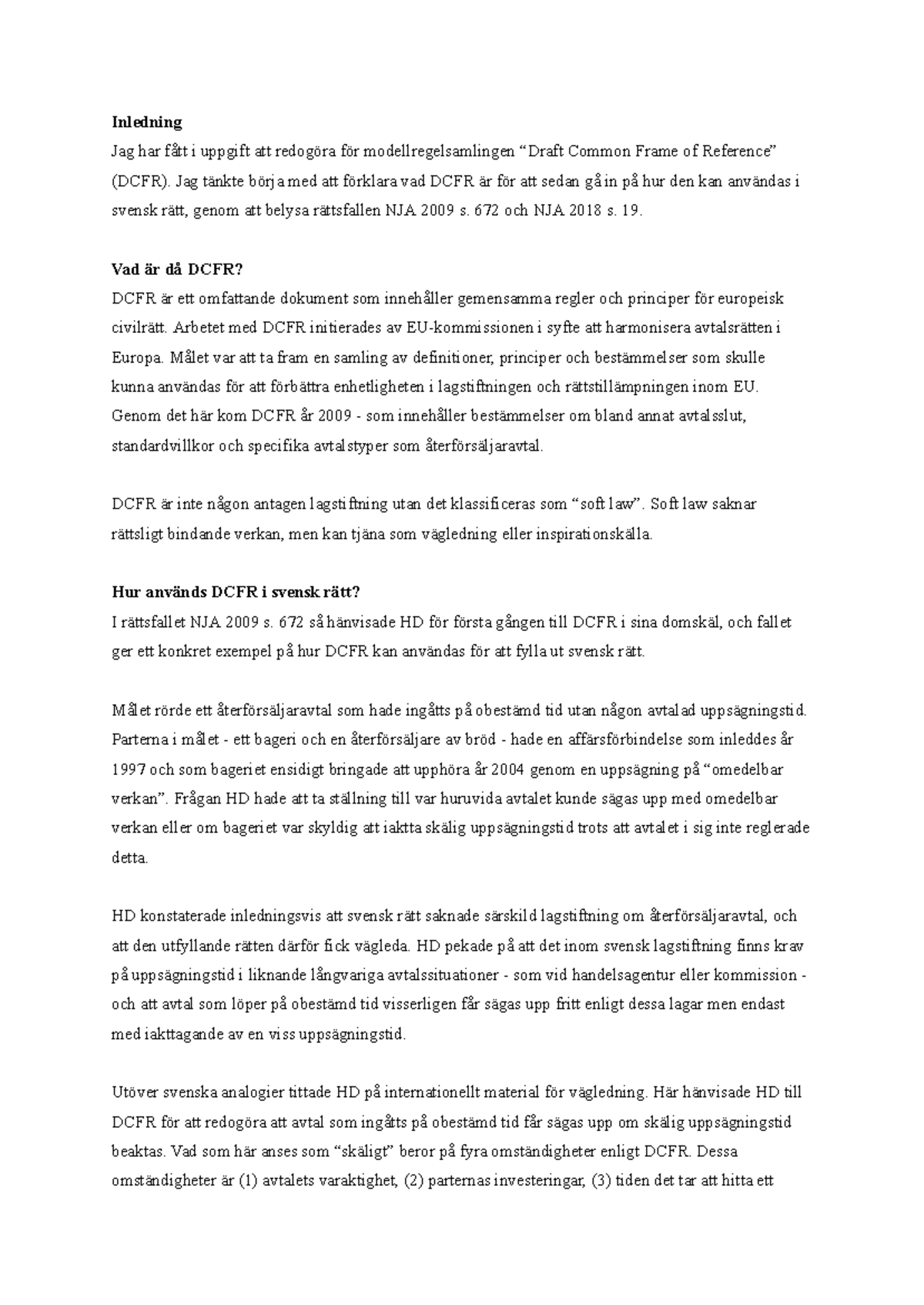 Föredragning om DCFR och dess tillämpning i svensk rätt (DCFR) - Studocu