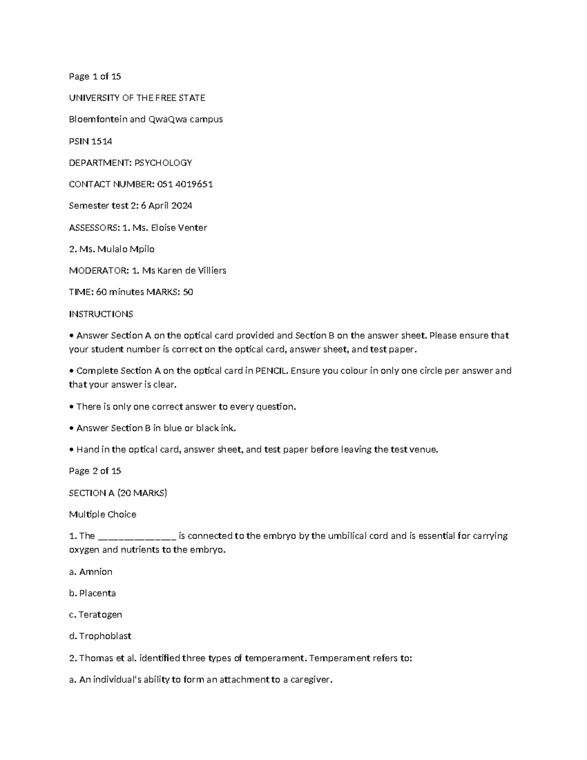 PSIN 1514 Semester Test 2: Psychology Question Paper - Studocu