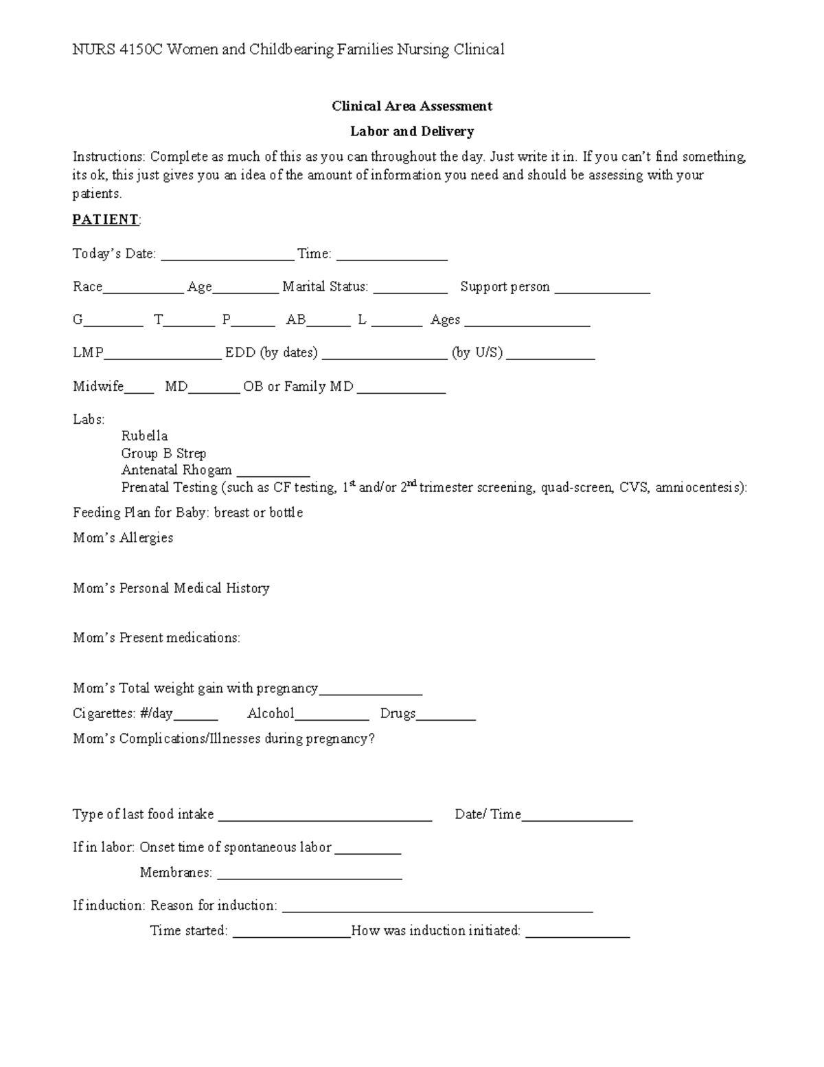 L-D Clinical Area Assessment & Patient Care Guidelines - Studocu