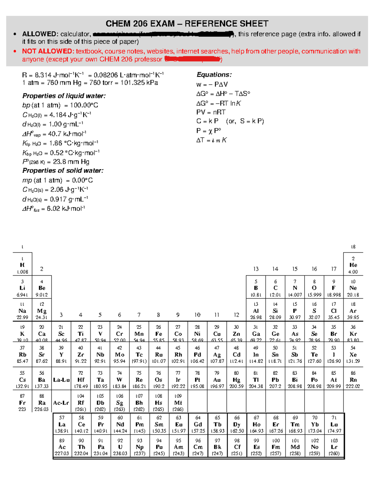 CHEM 206 FINAL EXAM REFERENCE SHEET: Key Equations & Properties - Studocu