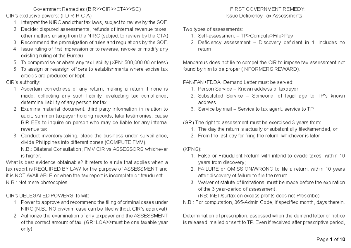 TAX Review - Government Remedies and Powers under NIRC - Studocu