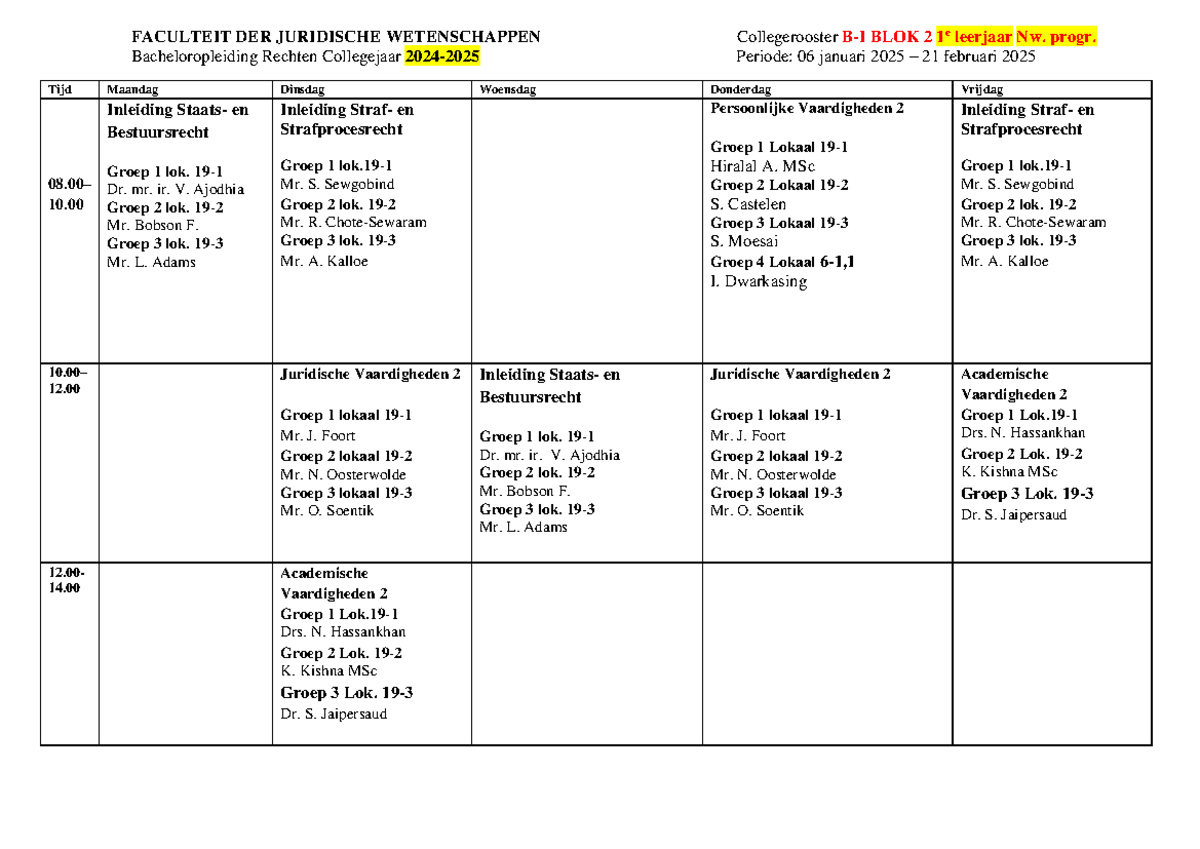 10.12.2024 Final BA Collegerooster Blok 2 2024-2025 - FACULTEIT DER ...