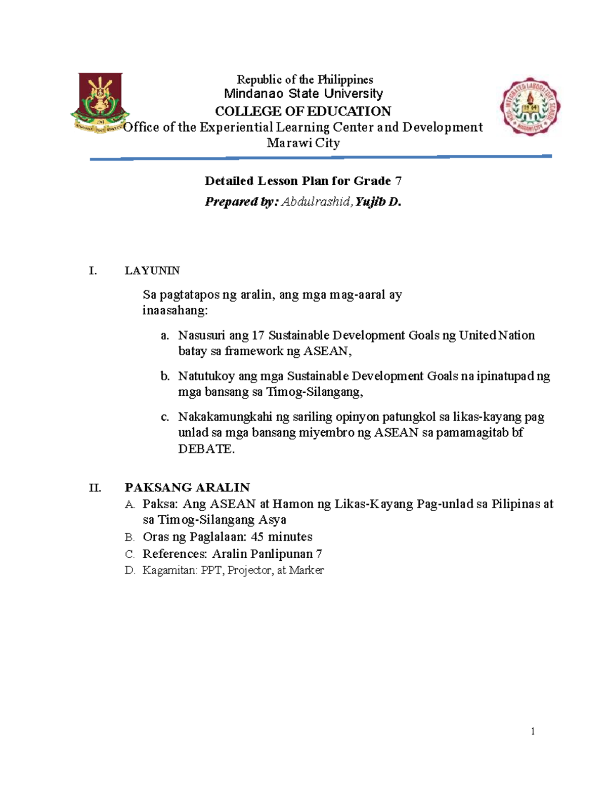 Detailed Lesson Plan on ASEAN & Sustainable Dev. Goals (DLP ILS) Final ...