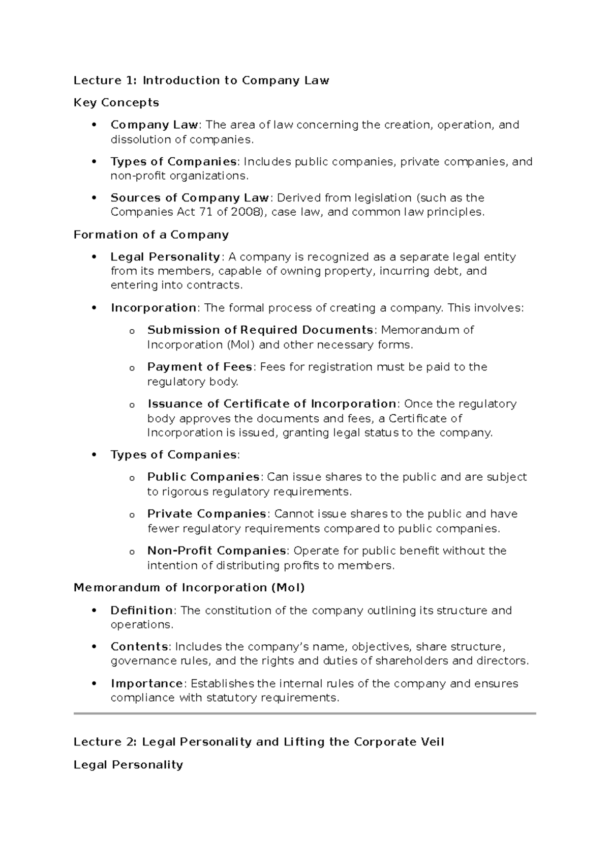 LBUE Company Law TEST Notes: Key Concepts & Legal Principles - Studocu