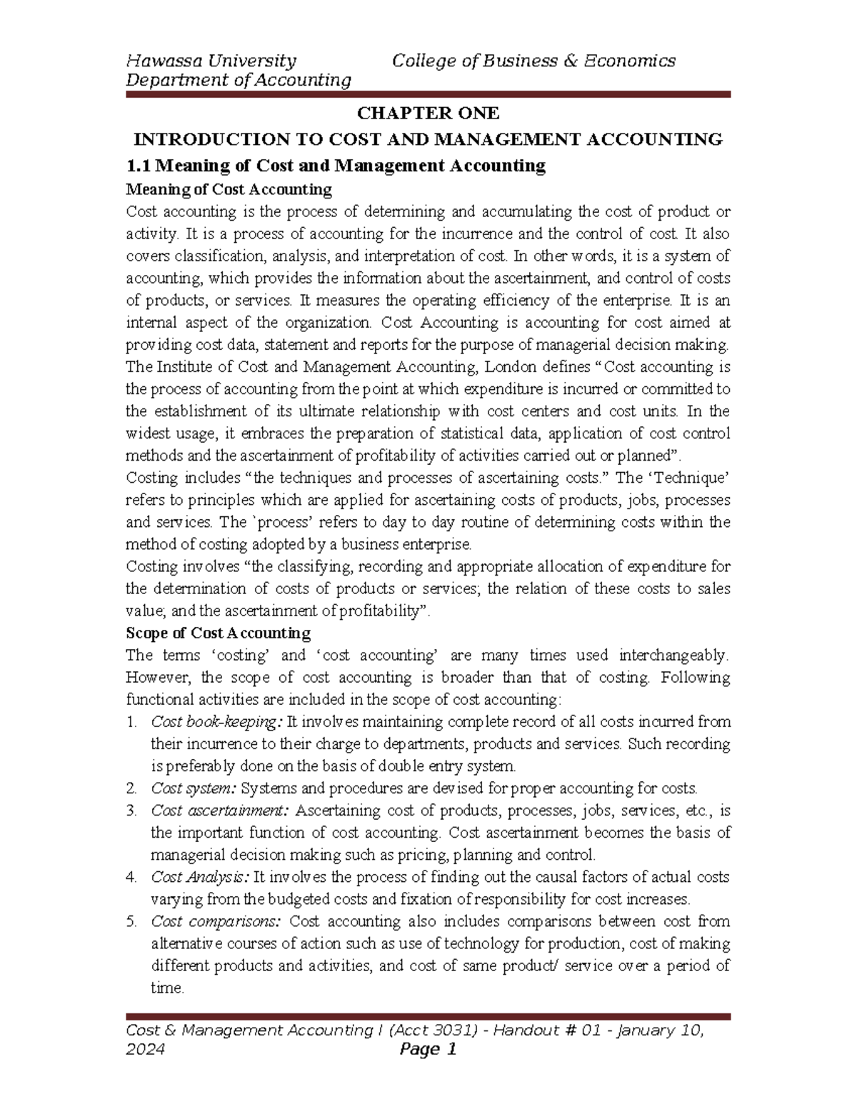 Cost & Management Accounting I (Acct 3031) - Chapter 1 Overview - Studocu
