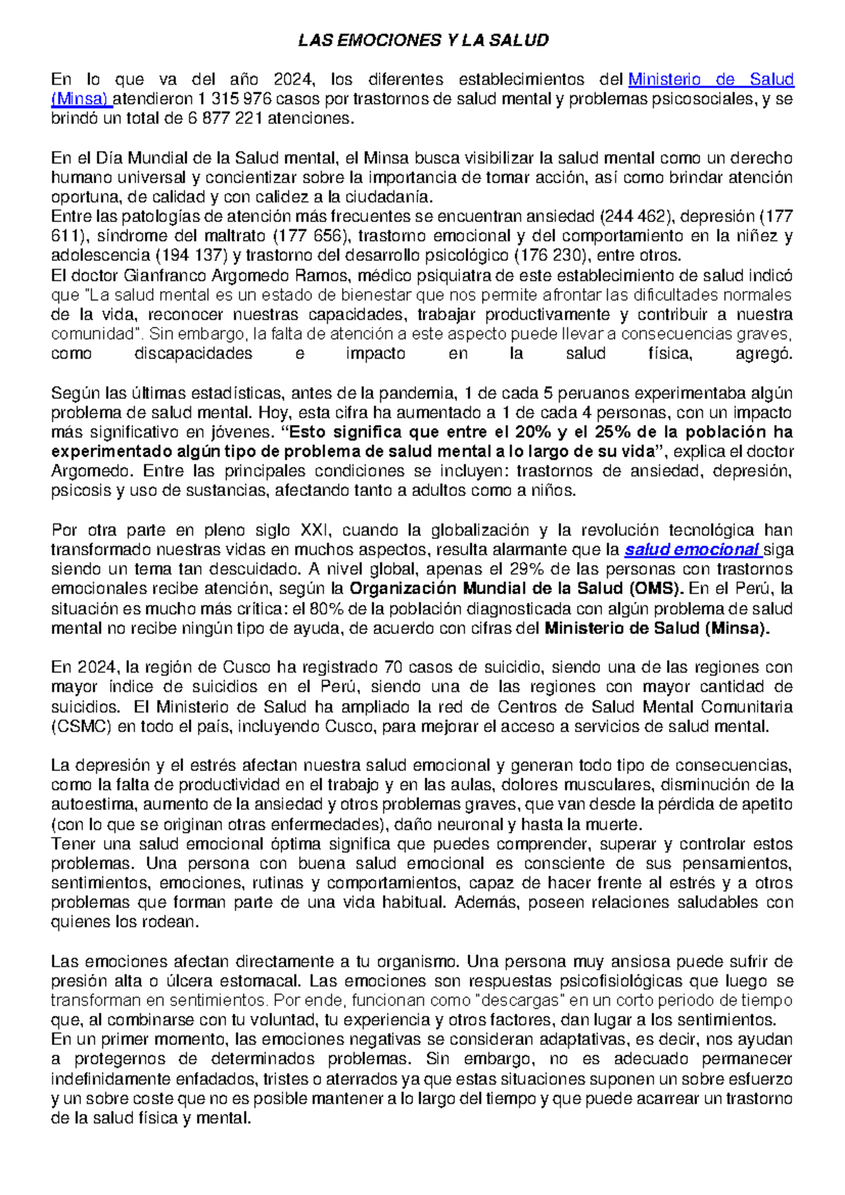 LAS EMOCIONES Y SU IMPACTO EN LA SALUD MENTAL EN 2024 - Studocu