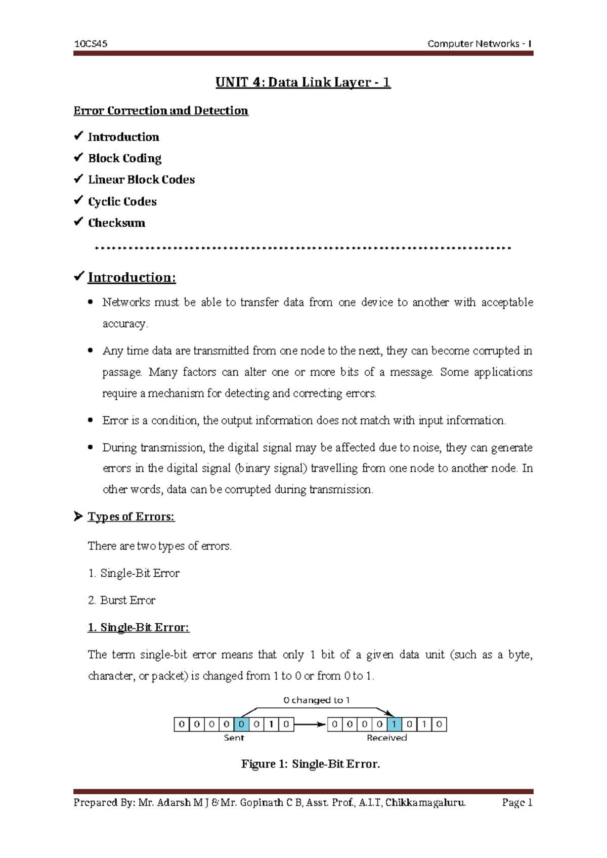 UNIT 4 CN-1 - notes - UNIT 4: Data Link Layer - 1 Error Correction and ...