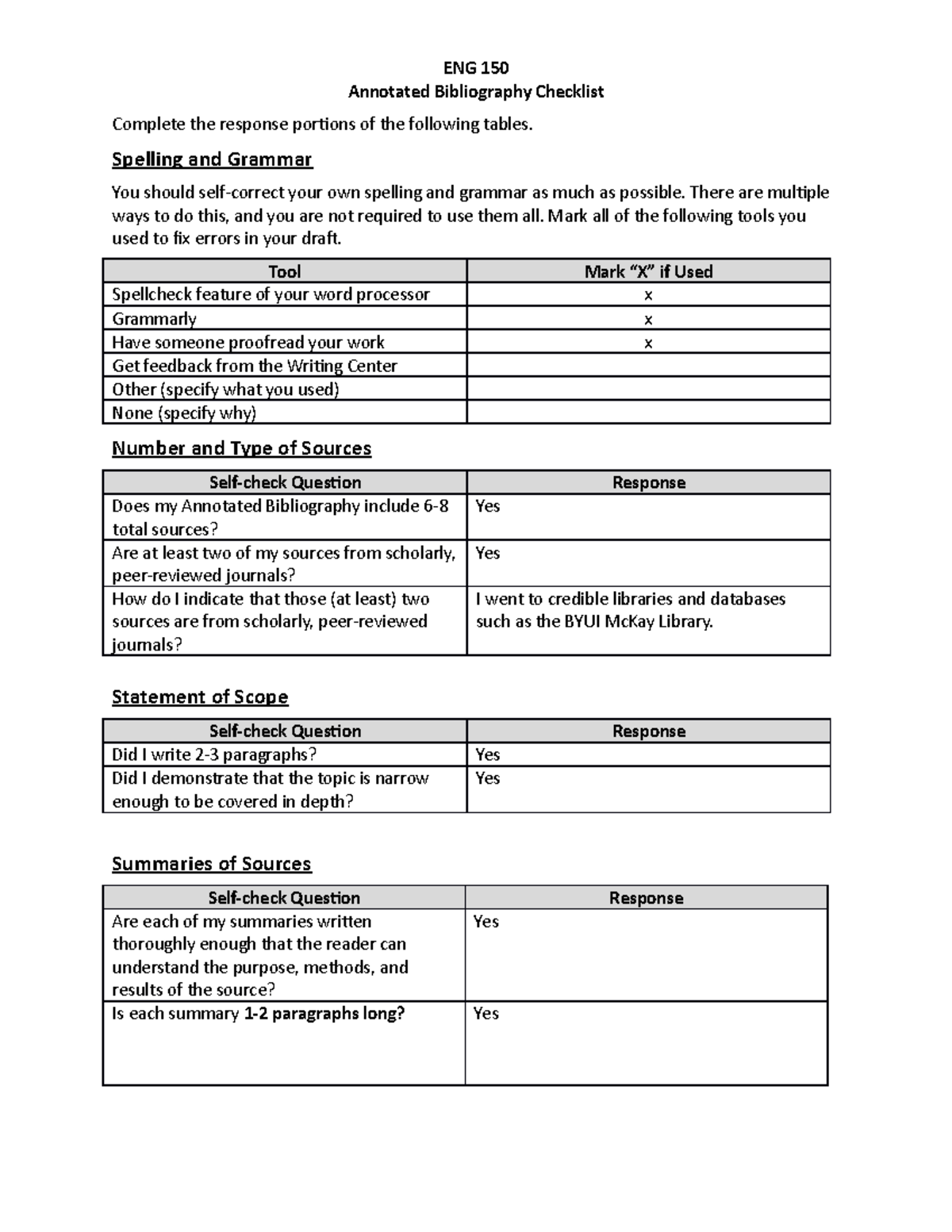 ENG 150 Annotated Bibliography Checklist & Reflection Guide - Studocu
