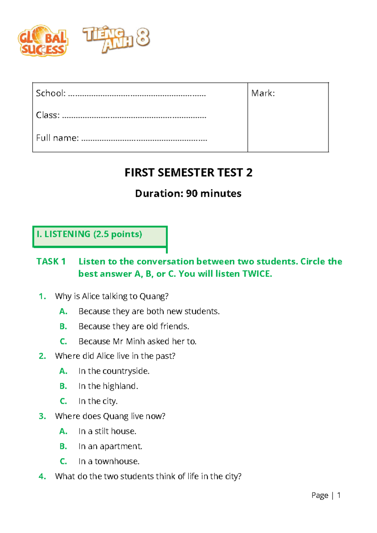 Semester 1 Listening & Reading Test 2: Comprehensive Review - Studocu
