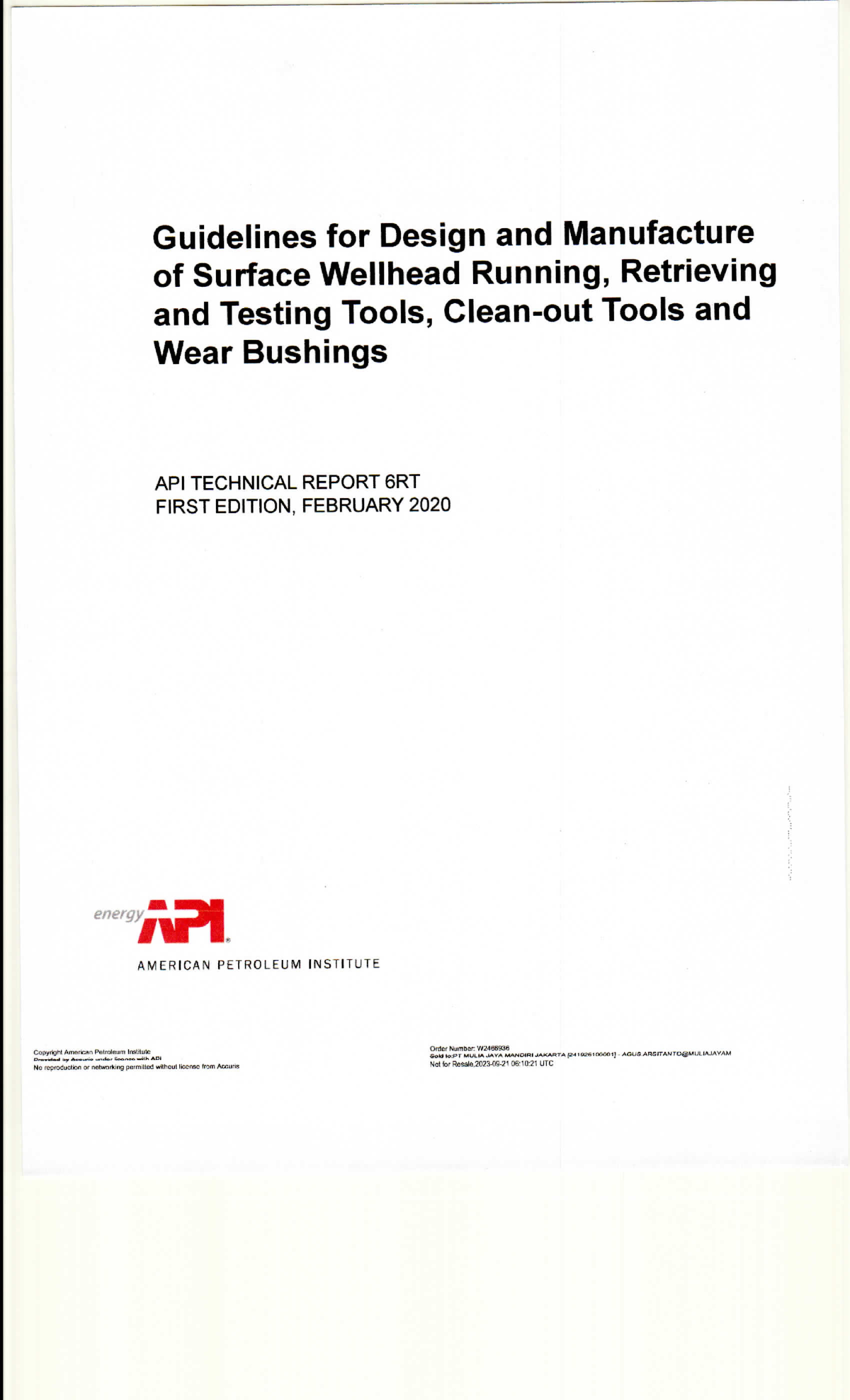 API Technical Report 6RT: Design & Manufacture of Wellhead Tools - Document Preview