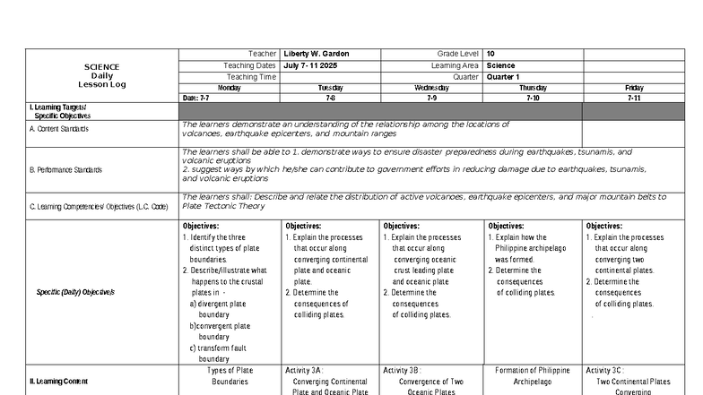 SCIENCE 10 Daily Lesson Log: Understanding Plate Tectonics and ...