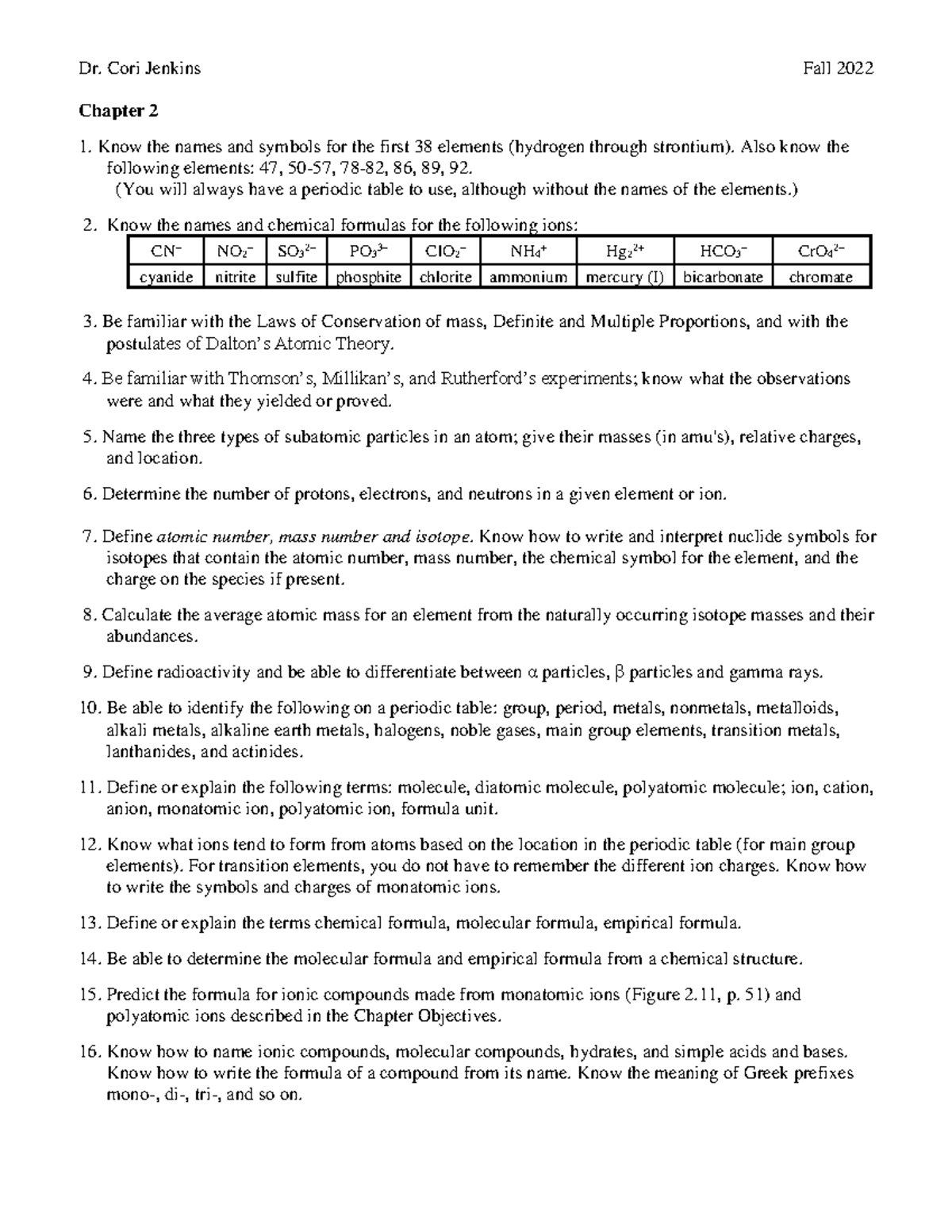CHEM 111 Fall 2022 Chapter 2 Study Guide: Essential Concepts & Terms ...