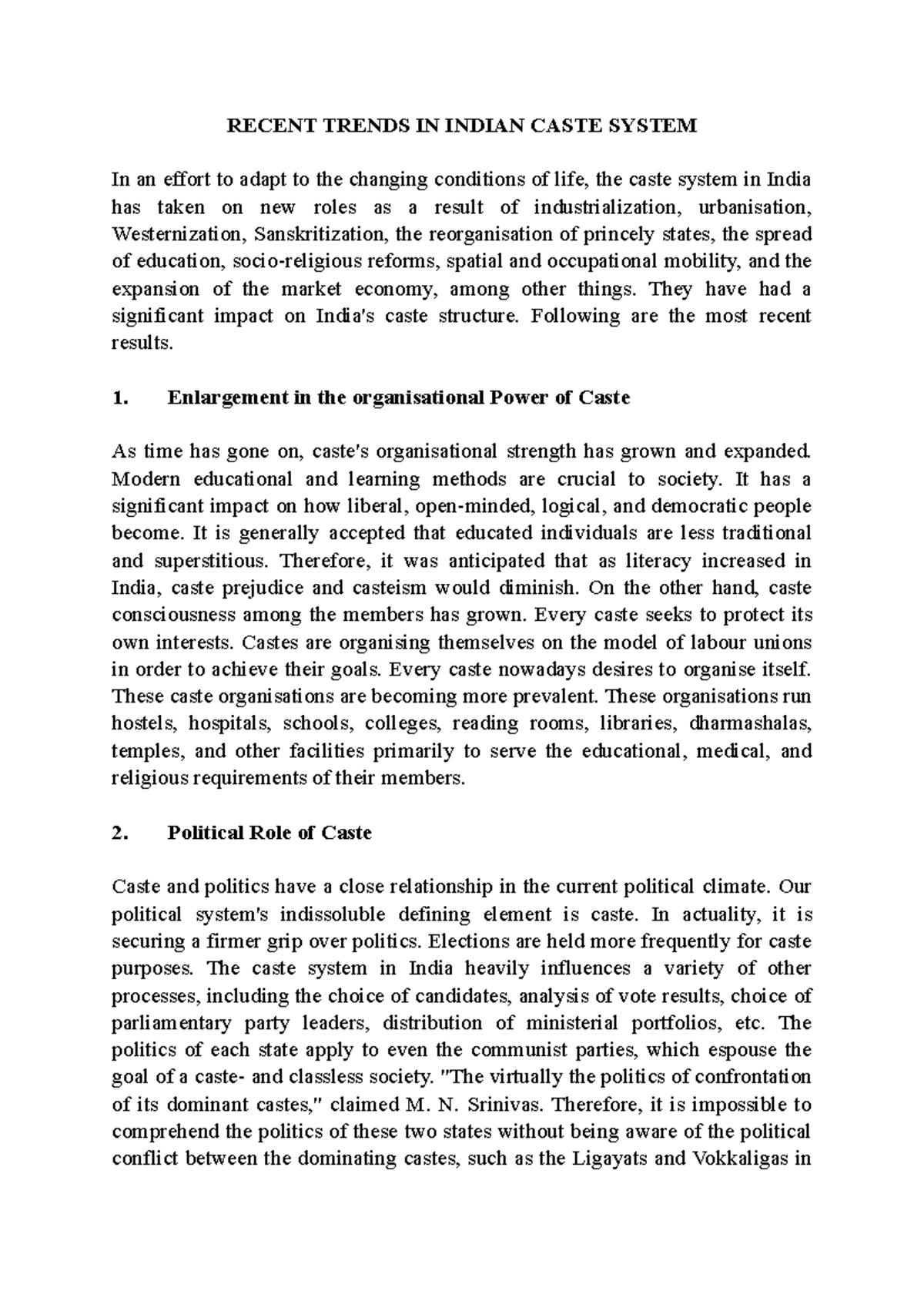 Recent Trends in the Indian Caste System: Analysis and Impacts - Studocu