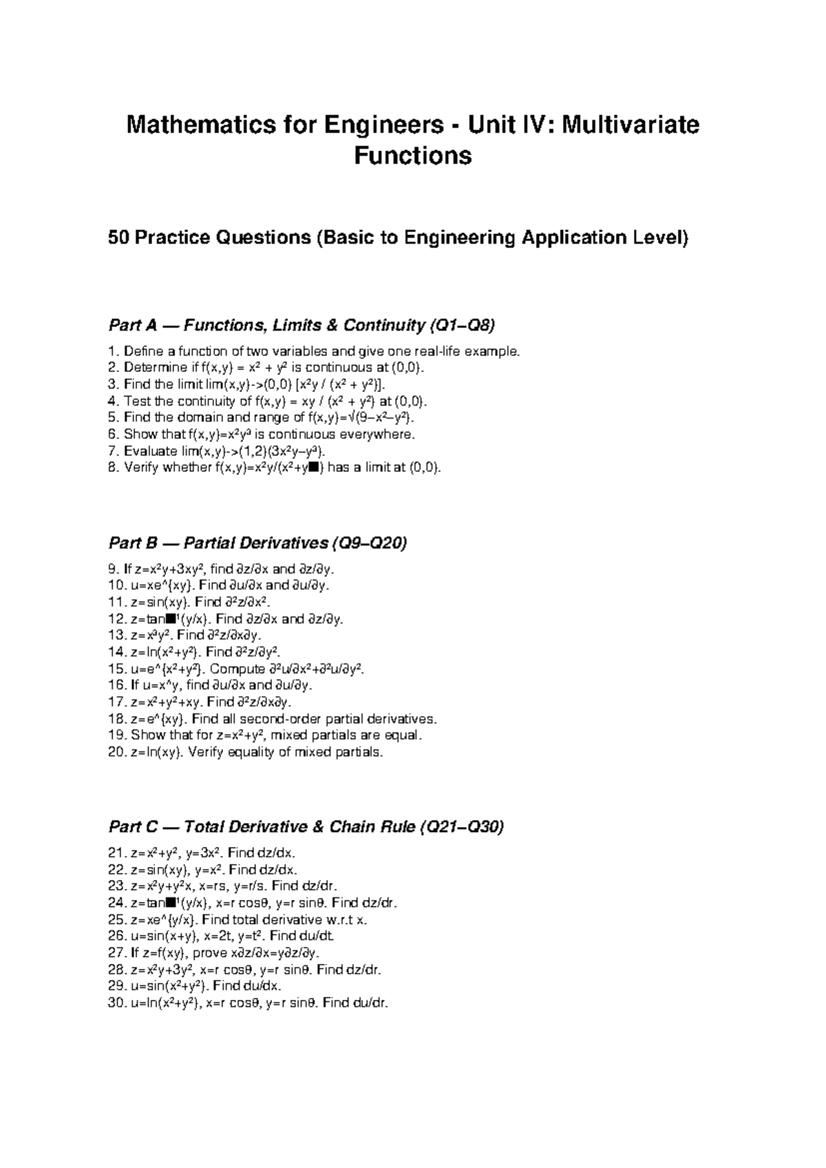 Mathematics for Engineers Unit IV: Multivariate Functions 50 Practice ...