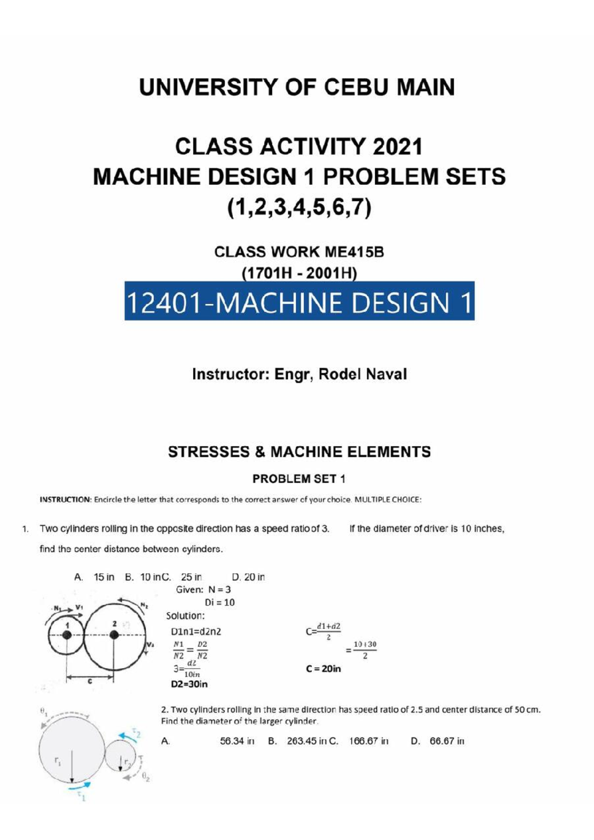 ME415B Machine Design 1 Problem Set Solutions and Class Work - Studocu