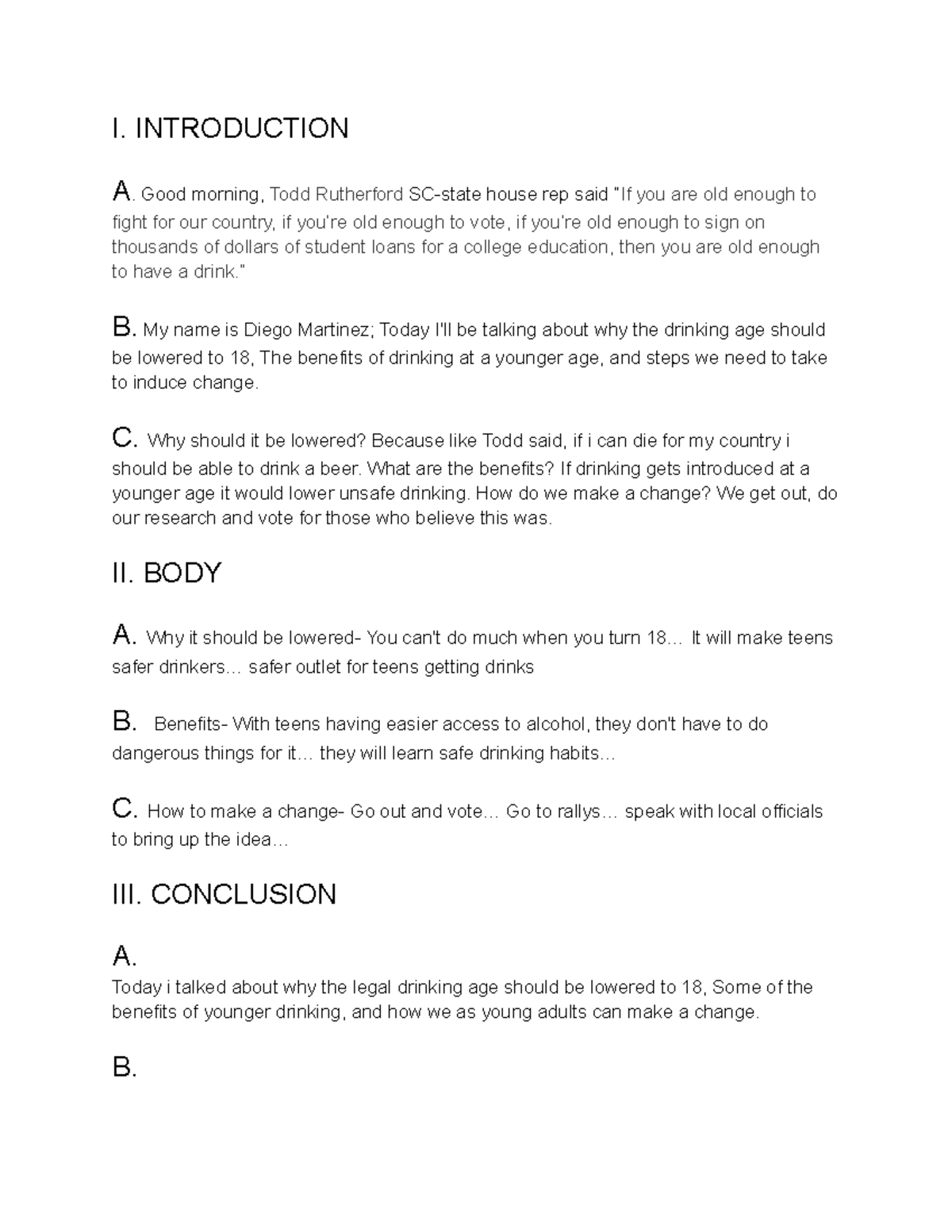 COM 101- Persuasive Outline - I. INTRODUCTION A. Good morning, Todd ...