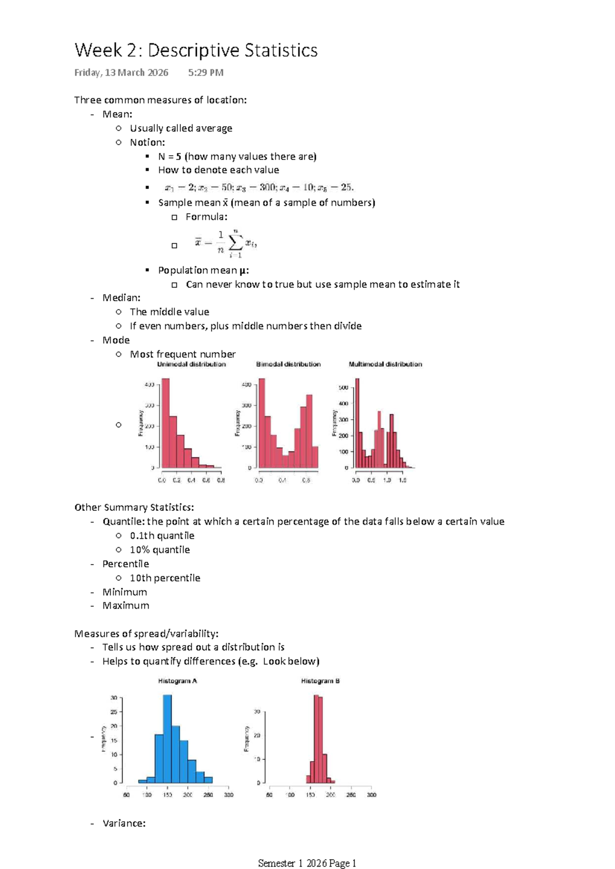 S1 2026: Week 2 Descriptive Stats - Measures of Location & Spread - Studocu
