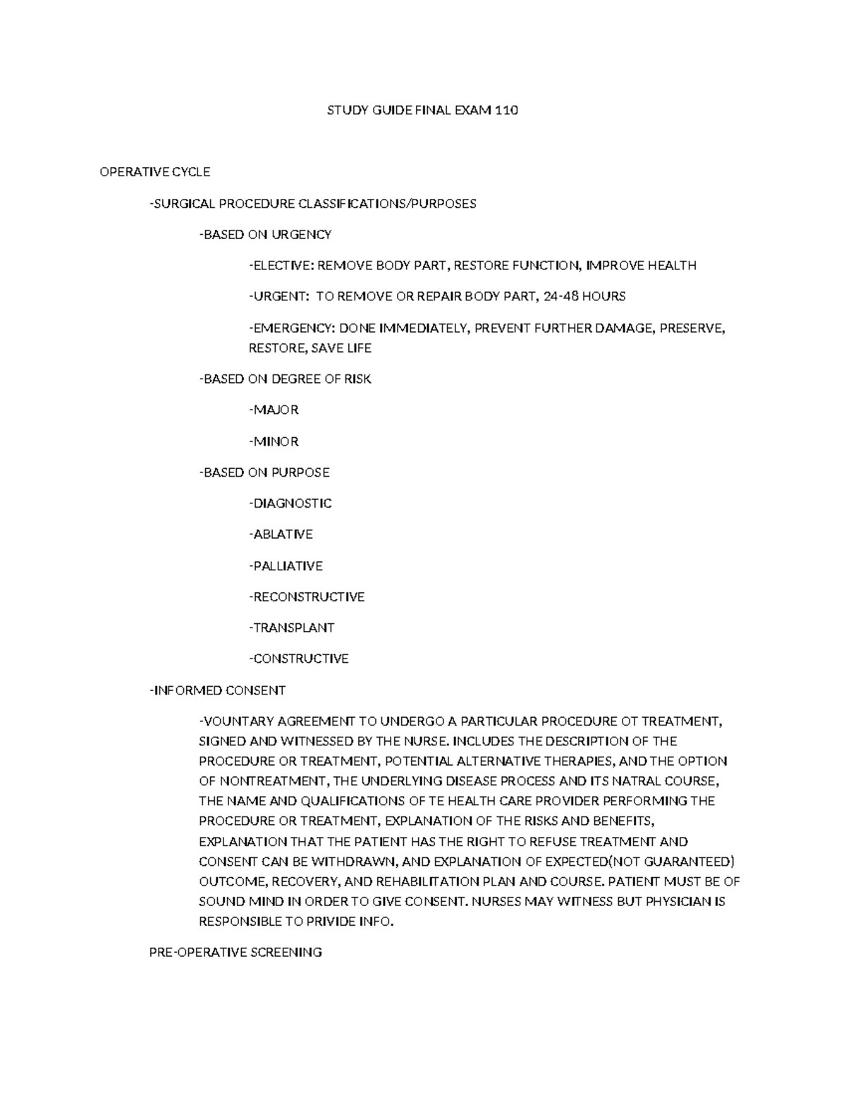 SG 110 - Study Guide for Final Exam on Operative Cycle and Nursing Care ...