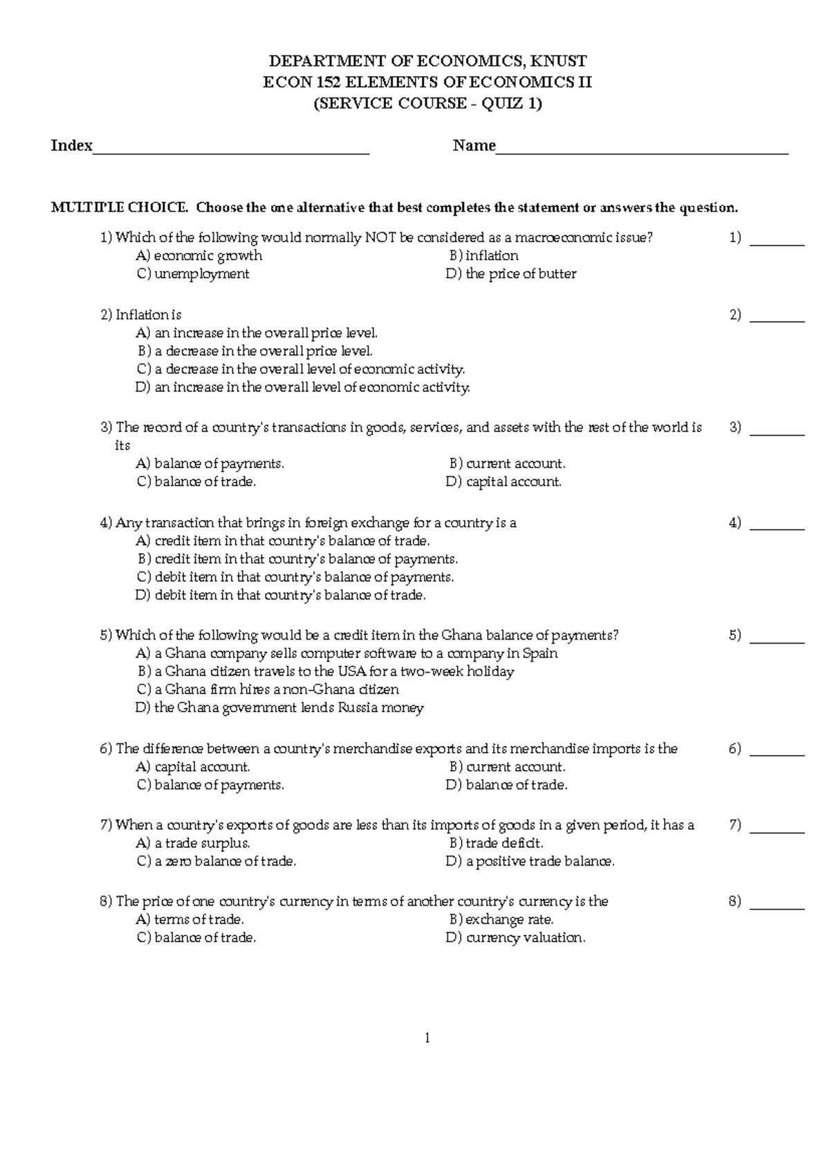 ECON 152 Quiz 1 - Multiple Choice Questions and Answers - Studocu