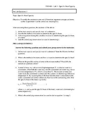 PHY400 Lab 3: Specific Heat Capacity Experiment & Questions - Studocu