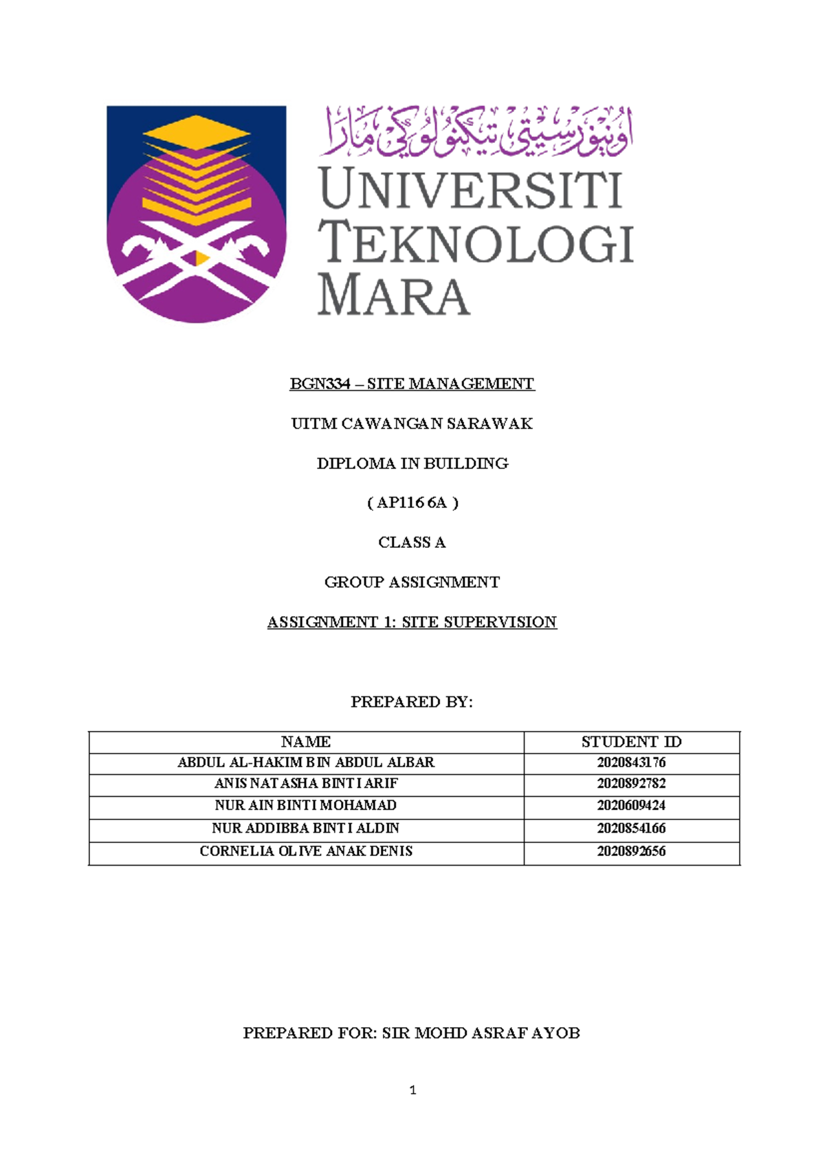 BGN334 Group Assignment: Site Supervision Case Study at UiTM - Studocu