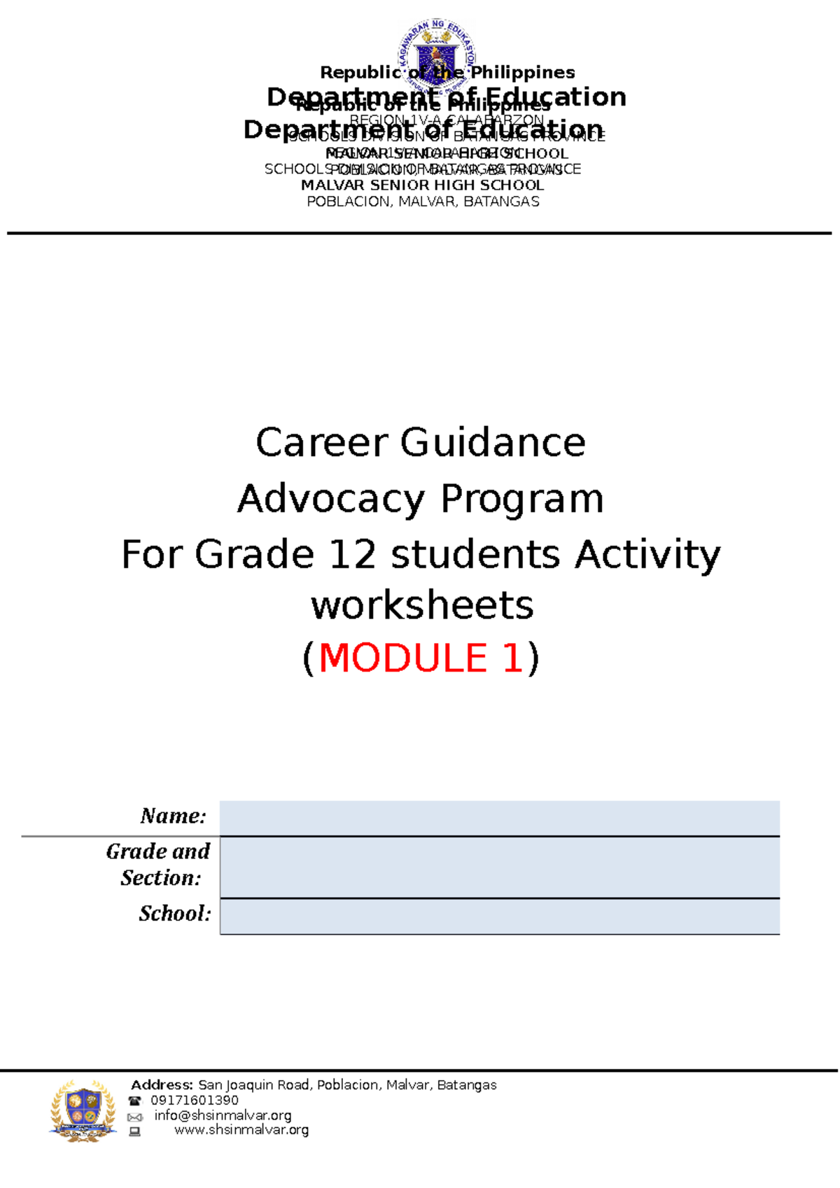 CGAP-Grade-12-Career-Guidance-Worksheet-Module-1 - Studocu