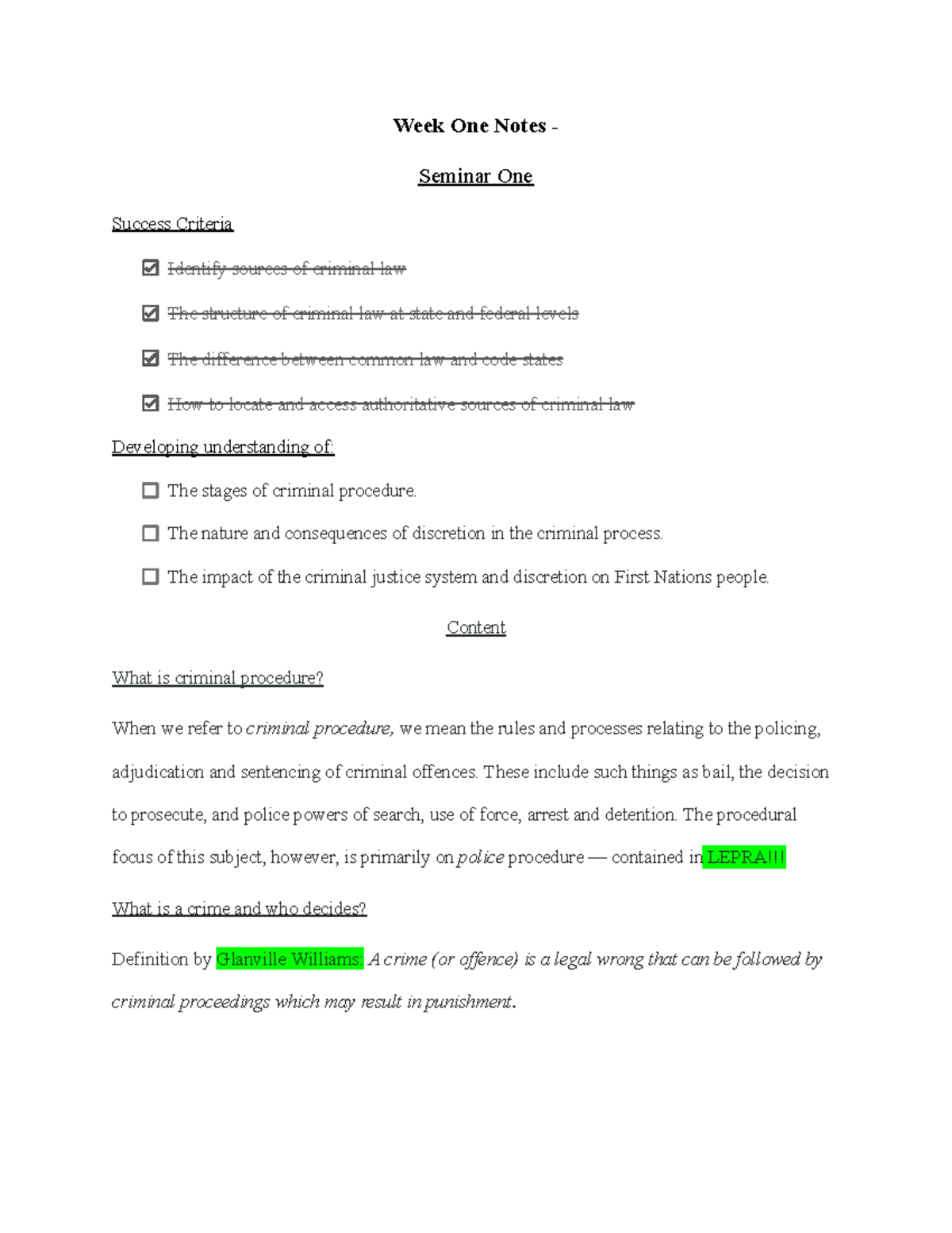Criminal Law and Procedure Notes (LAW101) - Week 1 Seminar Insights ...