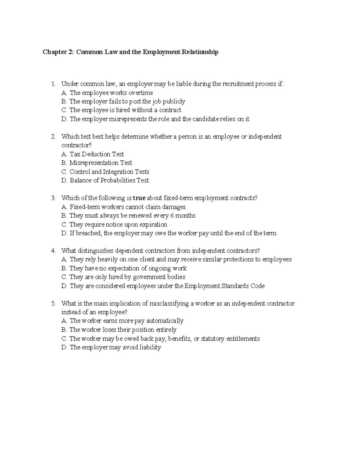 Chapter 2: Common Law & Employment Relationship Practice Exam - Studocu