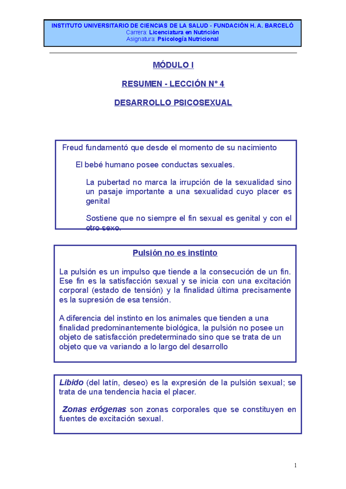 Resumen Lección 4: Desarrollo Psicosexual - Psicología Nutricional (Módulo I) - Document Preview