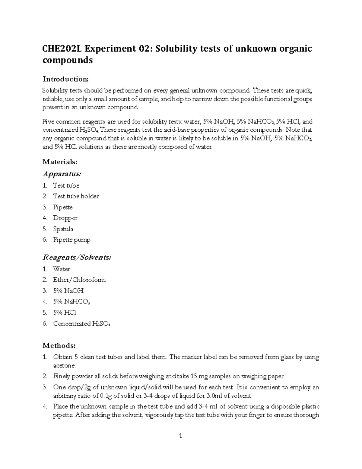 CHE202L Experiment 02: Solubility Tests for Unknown Organic Compounds ...