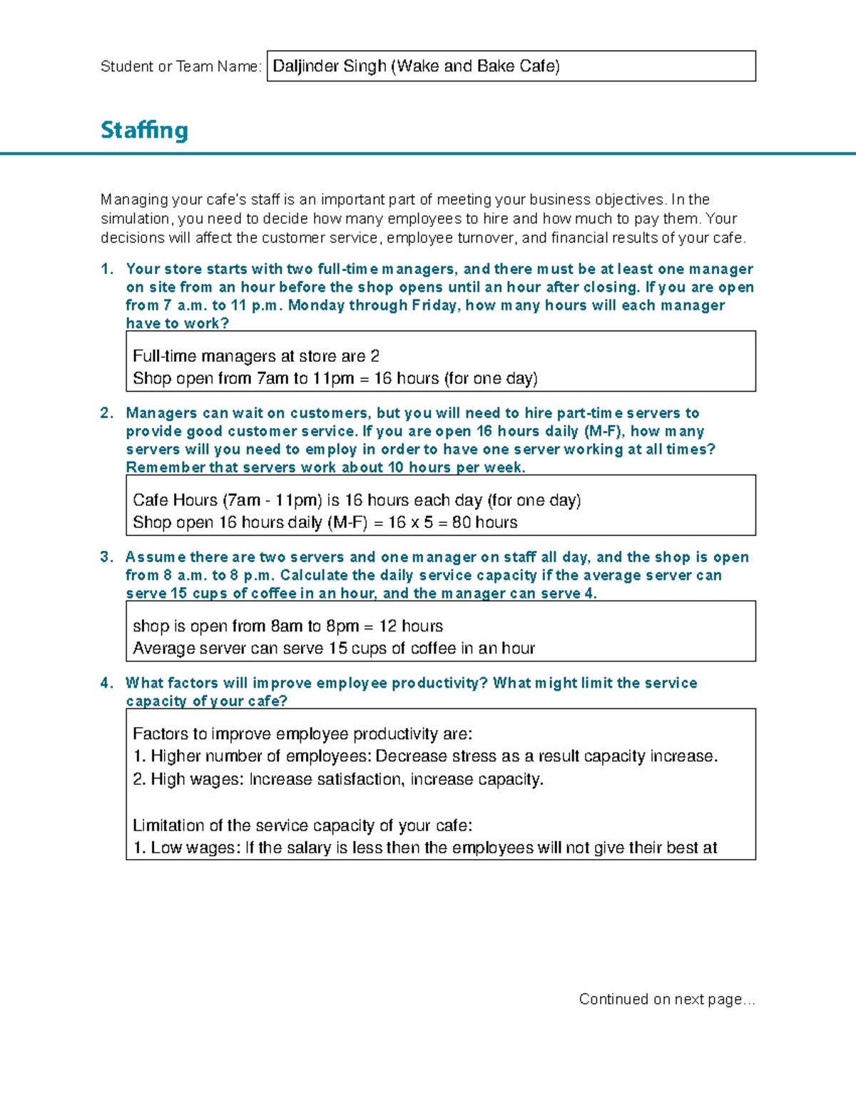 Staffing Assignment Analysis for Cafe Management Strategies - Studocu