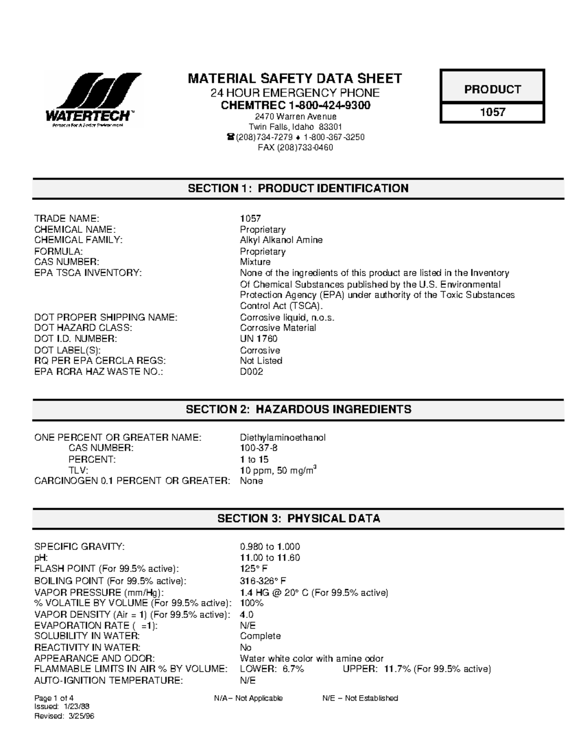 MATERIAL SAFETY DATA SHEET (MSDS) #120 - Chemical 1057 - Studocu