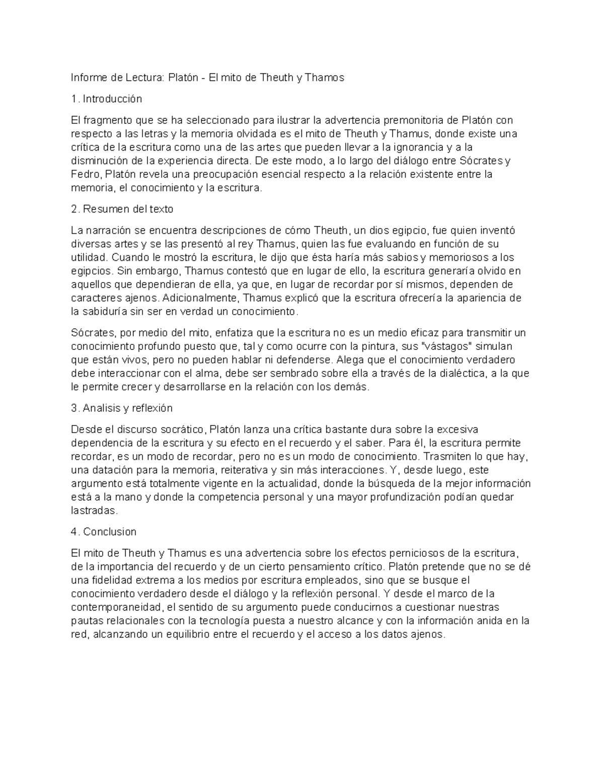 Informe de Lectura: Platón y el Mito de Theuth y Thamus en CTS - Studocu