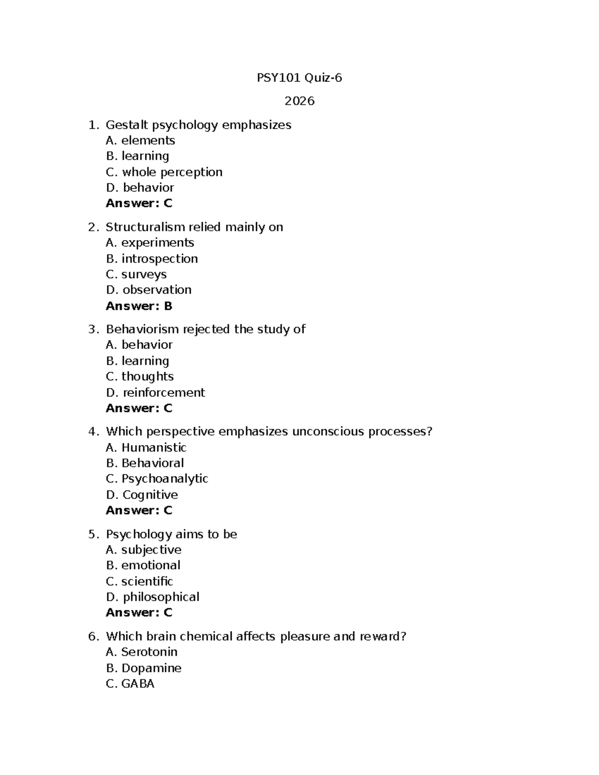PSY101 Quiz 6: Key Concepts in Psychology - Studocu