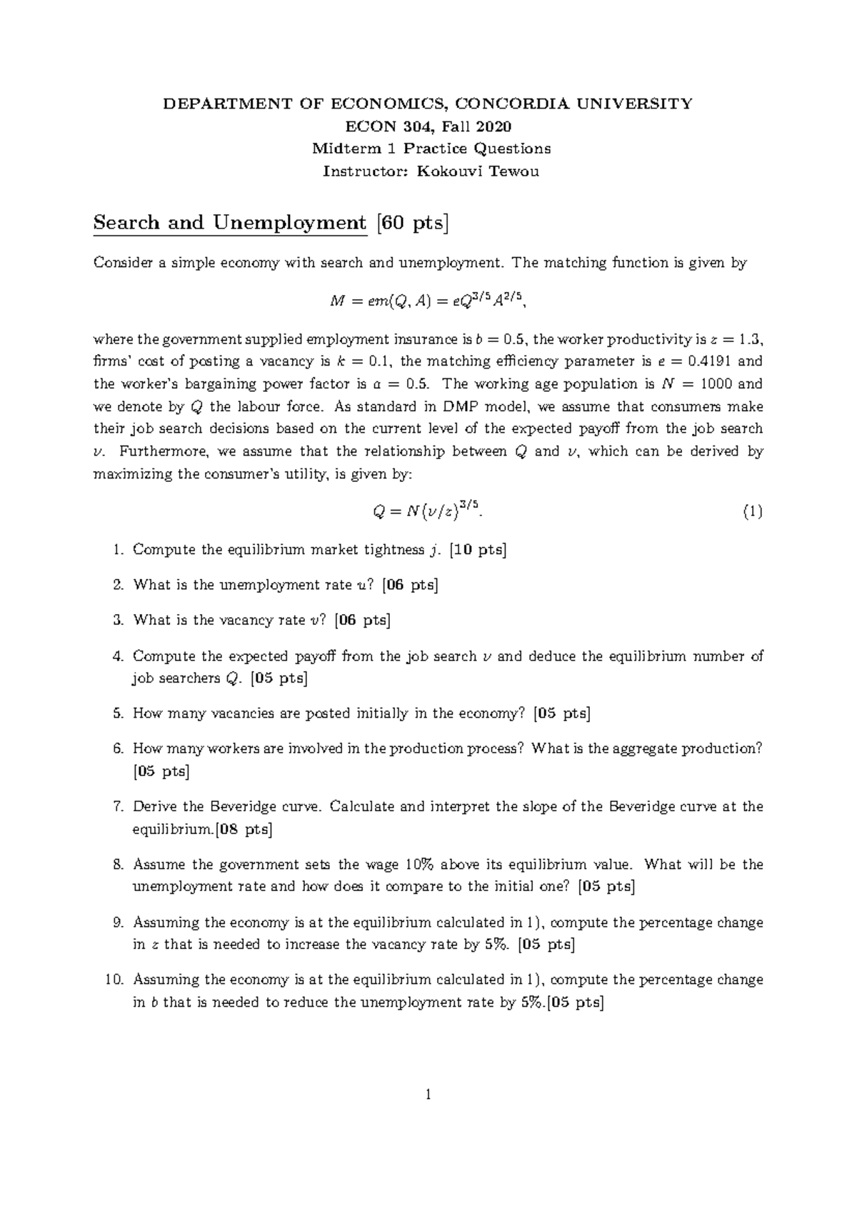 ECON 304 Midterm 1 Practice Questions and Problem Solutions - Studocu