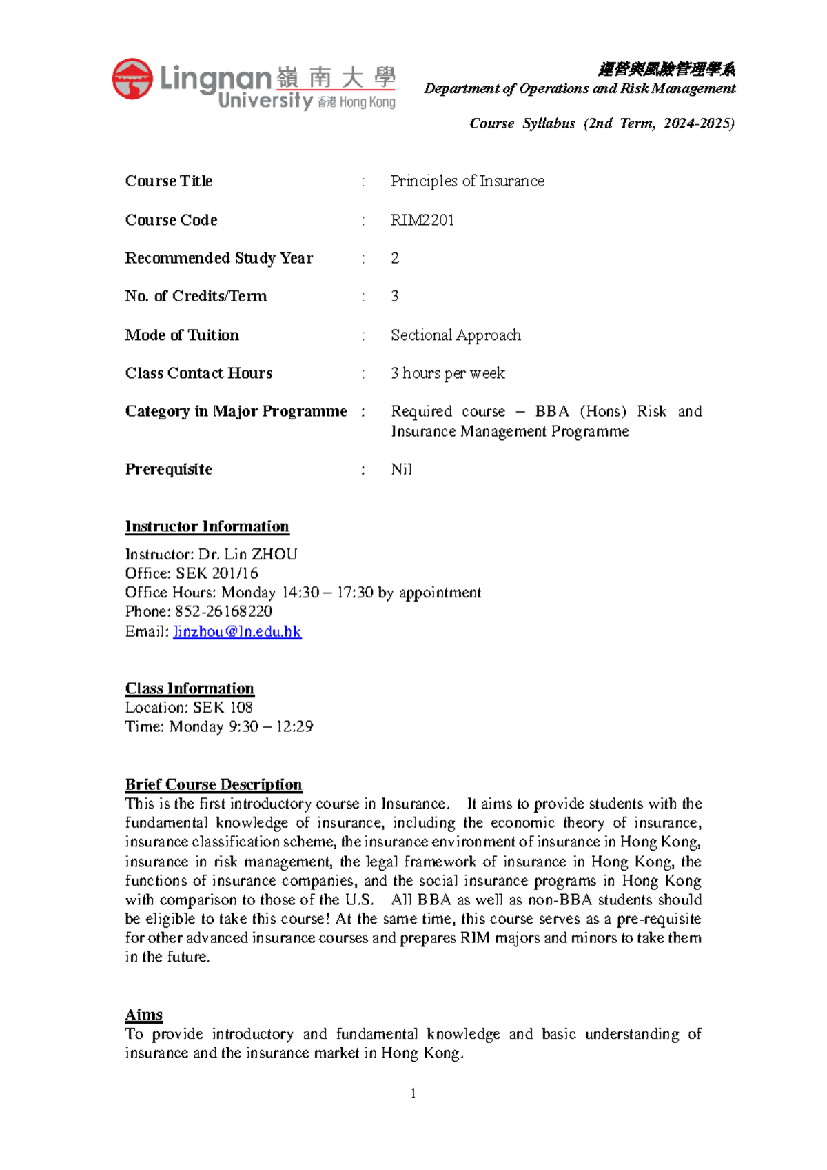 RIM 2024-2025 Syllabus: Principles of Insurance Course Guidelines - Studocu