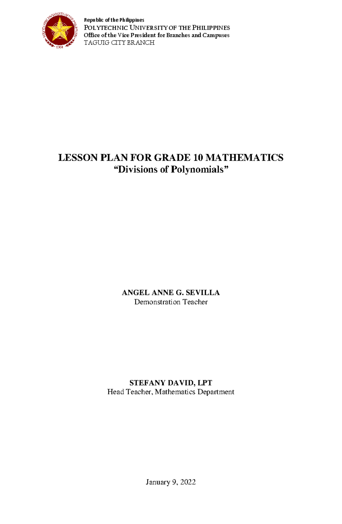 Grade 10 Mathematics Lesson Plan: Dividing Polynomials (M10AL-15-2 ...