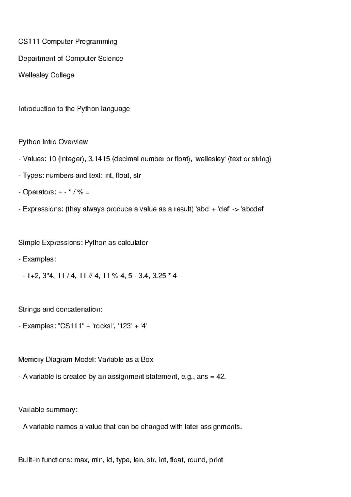 Python Intro Full Content Cleaned - CS111 Computer Programming ...