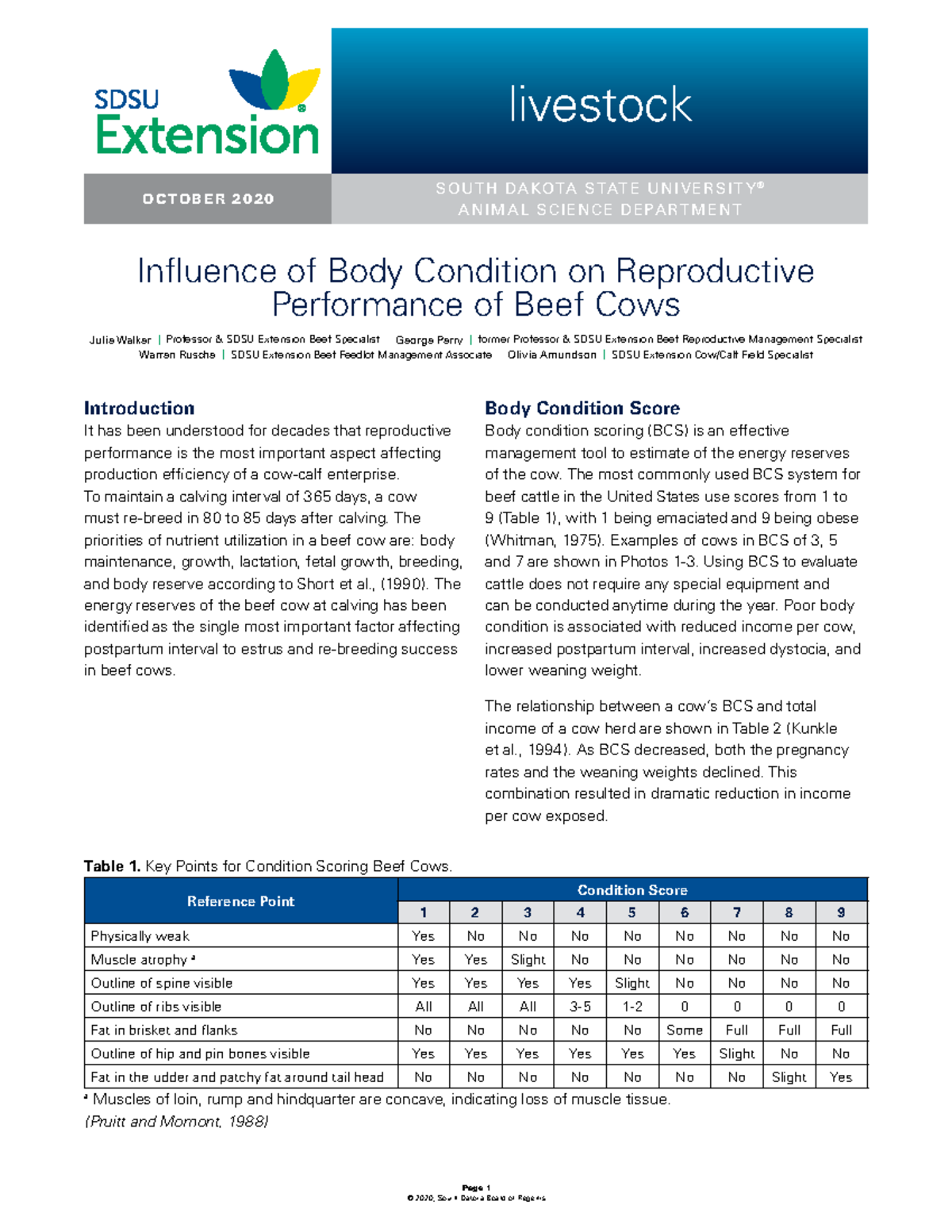 Body Condition and Reproductive Performance of Beef Cows (ANSC 2020
